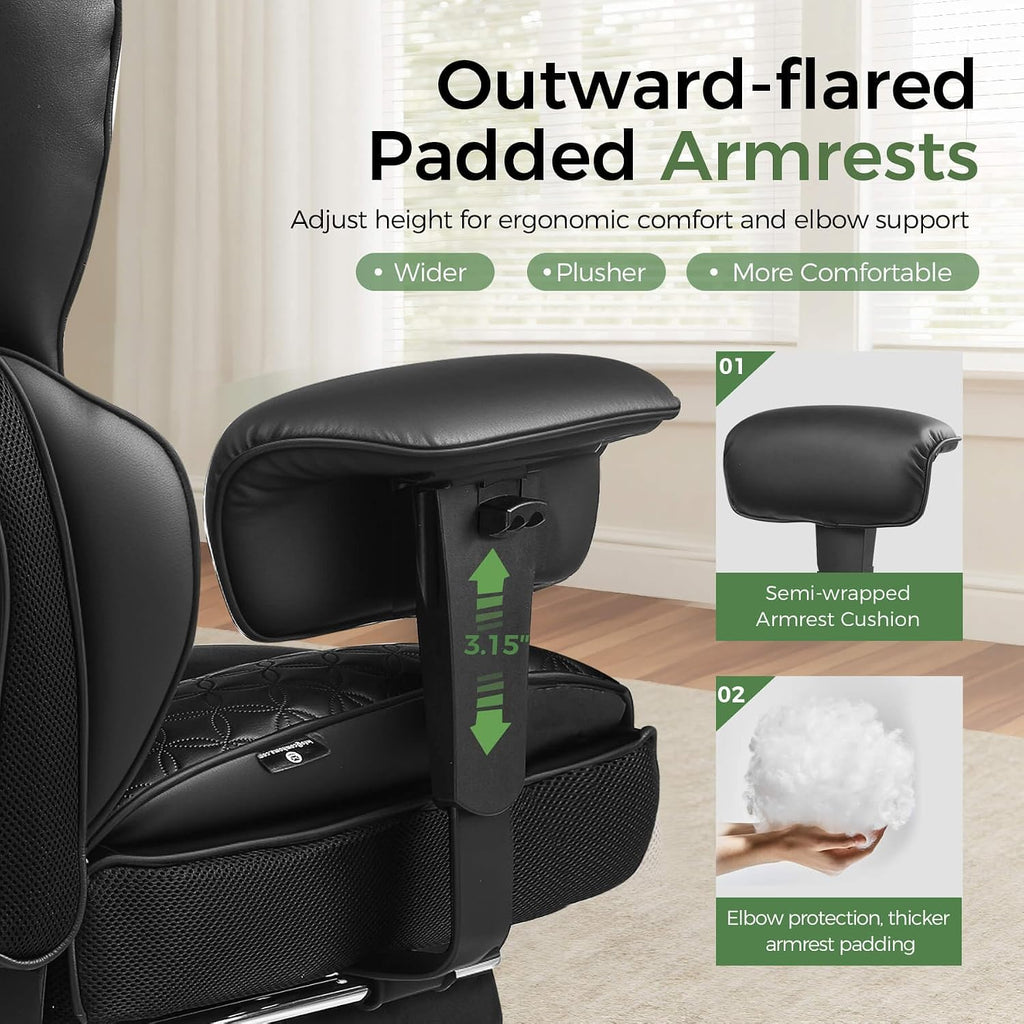 GTPOFFICE Big and Tall Office Chair 400LBS Wide Seat Computer Gaming Chair with Footrest & Comfy Lumbar Support, Leather High Back Executive Chair with Ergonomic Pressure Relief Seat Cushion, Black
