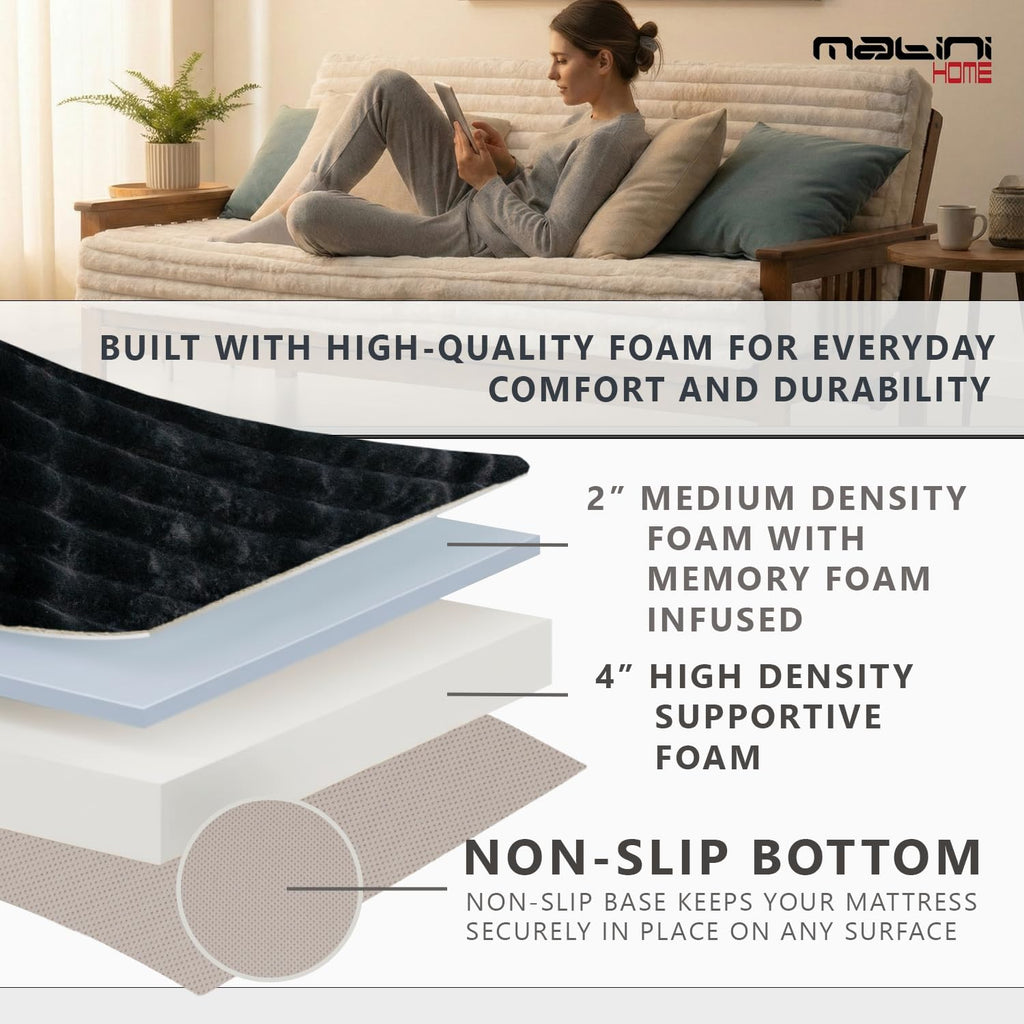 Memory Foam Futon Mattress, Foldout Couch Futon Mattress - 6x54x74 (Charcoal) - Plush Faux Fur Fabric Comfortable and Heavy Duty Sofa Bed, Thick Corded Cushion for All (Frame NOT Included)