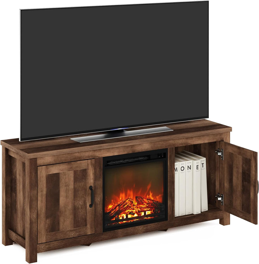 Furinno Jensen Farmhouse Barn Door Fireplace Stand with Storage Cabinet for TV up to 60 Inch, Rustic Brown