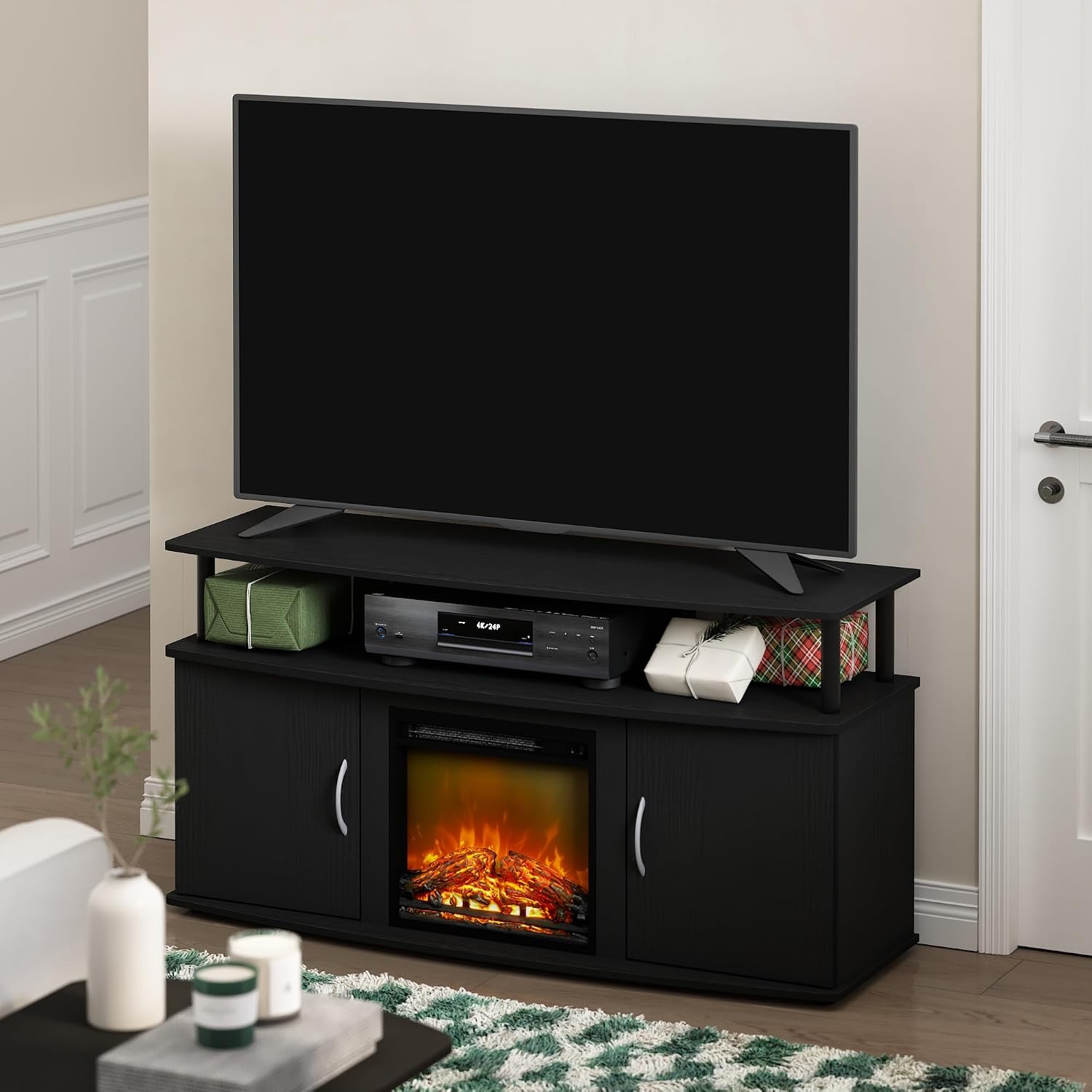 Furinno Jensen TV Stand with Fireplace, Entertainment Center, TV Console for TV up to 55 Inch and Open Shelf, Storage Cabinet, for Living Room, Bedroom, Dark Americano