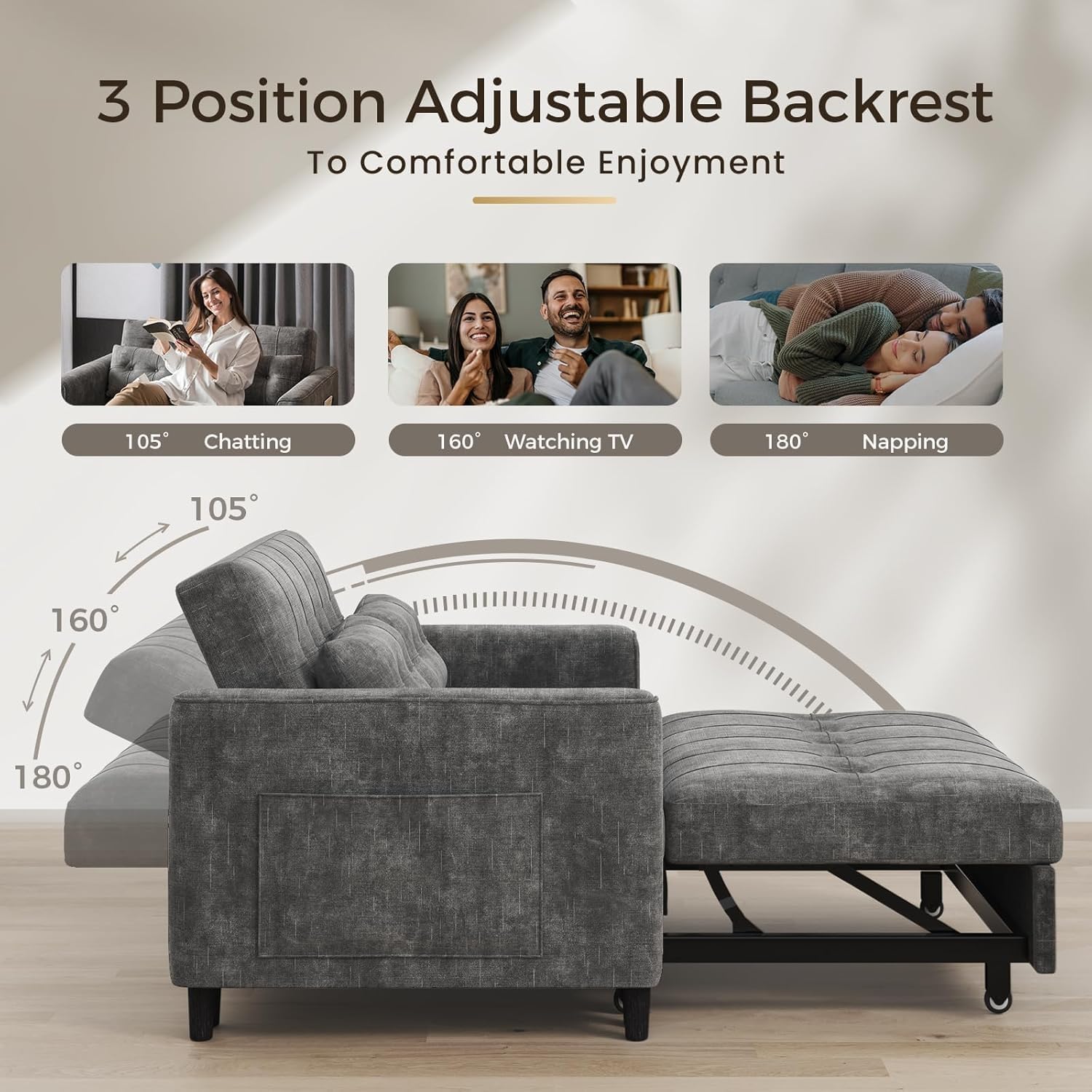 KKL 3 in 1 Convertible Sleeper Sofa Bed, Small Pull Out Couch Bed with Adjustable Backrest, Chenille Loveseat Couches with Side Pocket,Futon Sofa Beds Couch for Living Room, Bedroom,(Dark Grey)
