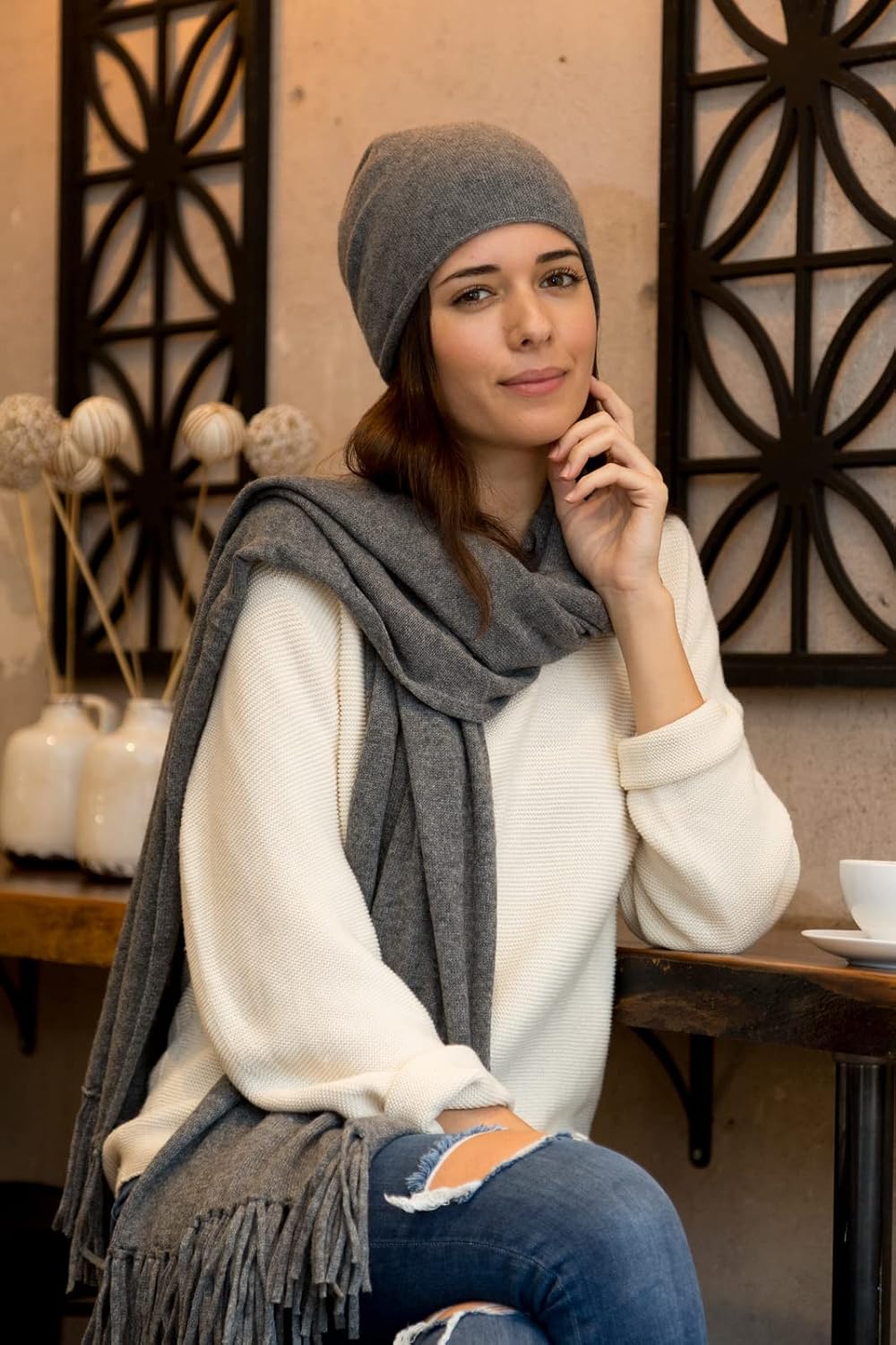 Fishers Finery Women's 100% Cashmere Knit Shawl Wrap with Fringe | Oversized 78' long by 28' wide