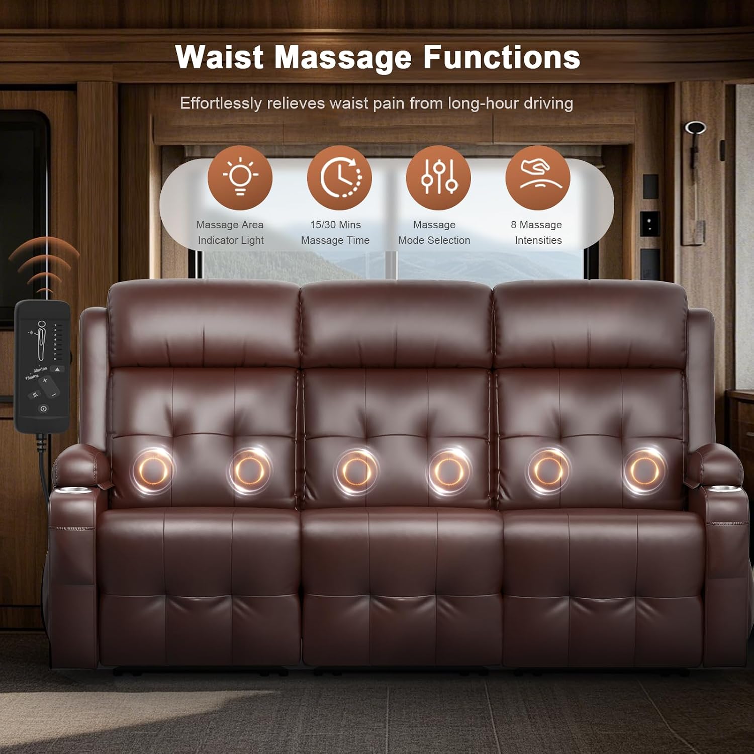 RV Loveseat Recliner Sofa, 3 Seater Massage Wall Hugger Reclining Couch with Insert Pockets, Cup Holders, 150° Recline Sleeper Sofas, for RV Furniture & Home Theater Seating