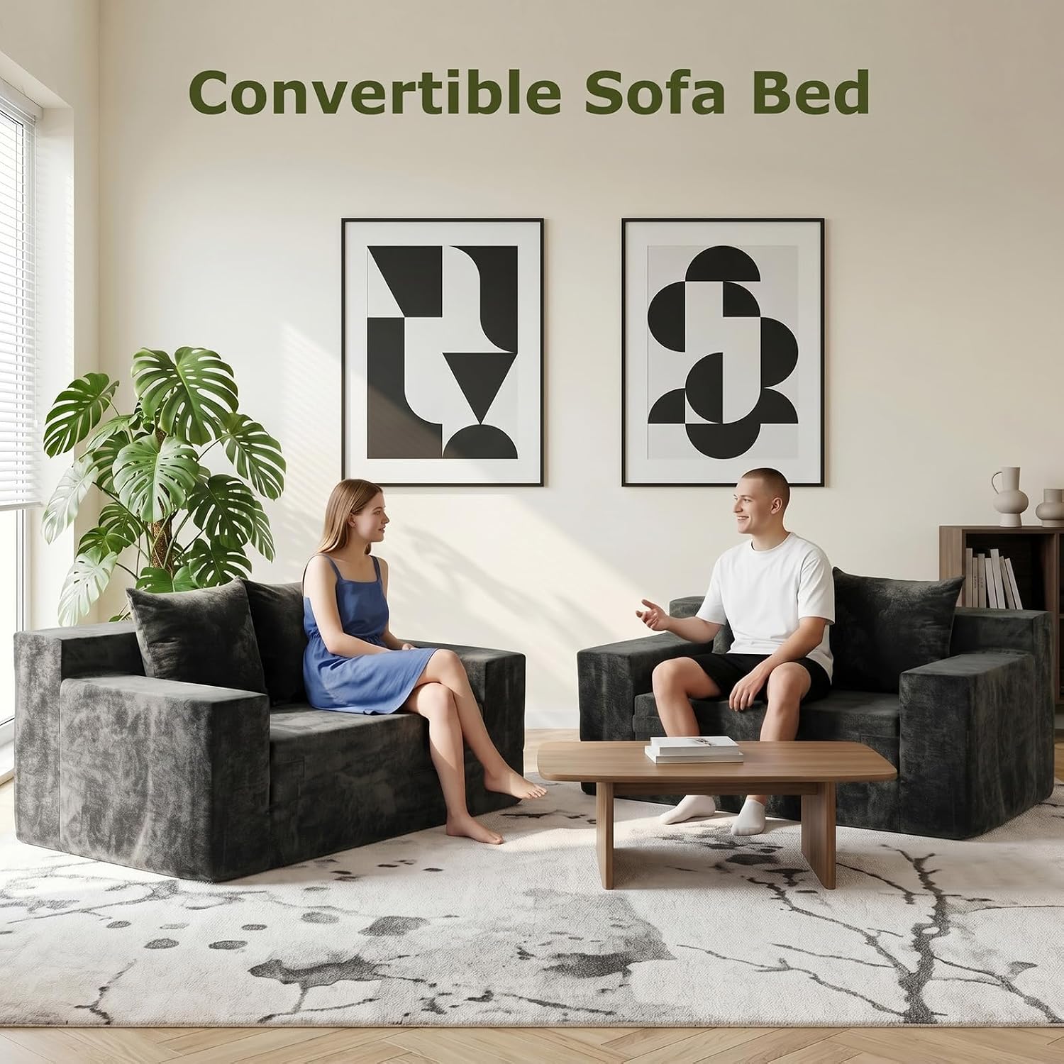 Boneless Couch Loveseat Sleeper, Convertible Sofa Bed Folding Couch Bed, Boneless Chair Bed & Futon Sofa Bed, Small Pull Out Couch Foldable with 4 Pillows for Living Room, Dark Grey