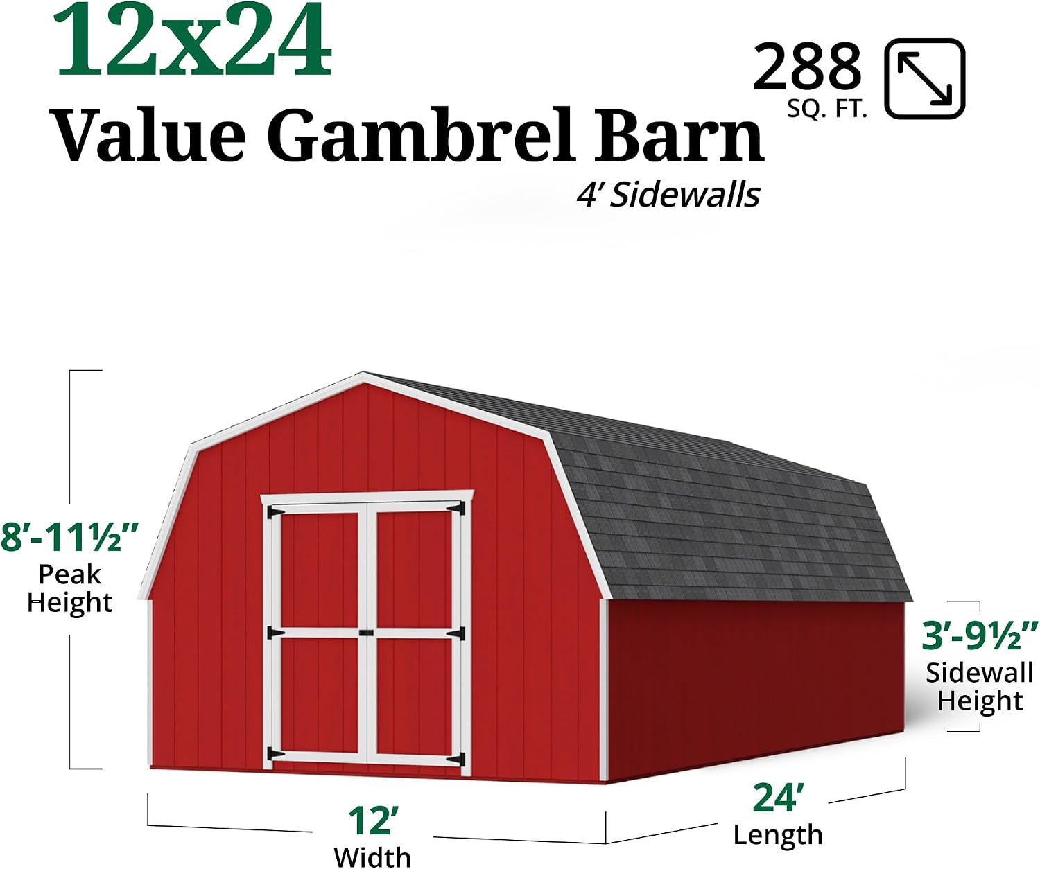 Little Cottage Co. 12x24 Value Gambrel Barn with 4 ft. Sidewalls with Floor, Outdoor Wood Storage Shed Do-It-Yourself Precut Kit