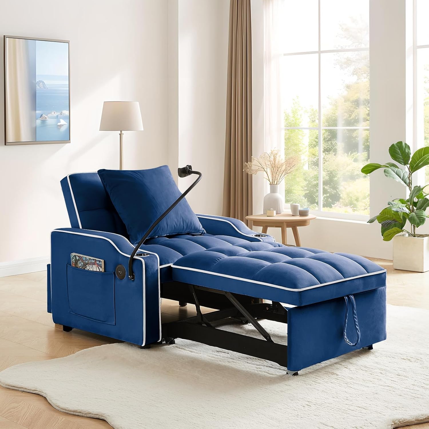 Convertible Single Sleeper Chair Bed,3 in 1 Velvet Futon Sleeper Sofa Bed with USB Ports & Phone Holder,Pull Out Couch Bed,Adjustable Recliner Armchair bed for Living Room,Office,Small Places(Blue)