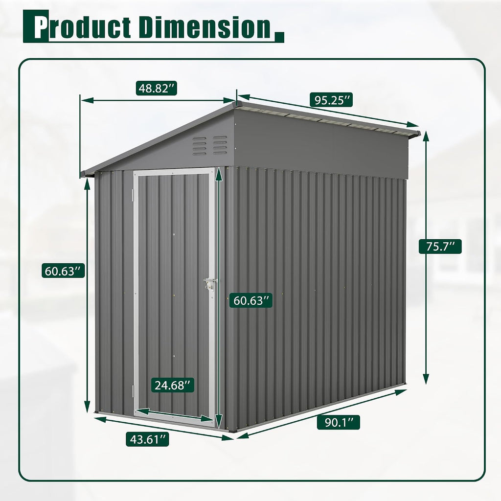YOPTO 4×8 FT Lean to Metal Shed,Outdoor Heavy-Duty Storage Shed with Floor Base,All Weather Waterproof Garden Tool House W/Lockable Door&2 Air Vents,Reversible Door Design,for Backyard,Patio,Lawn,Gray