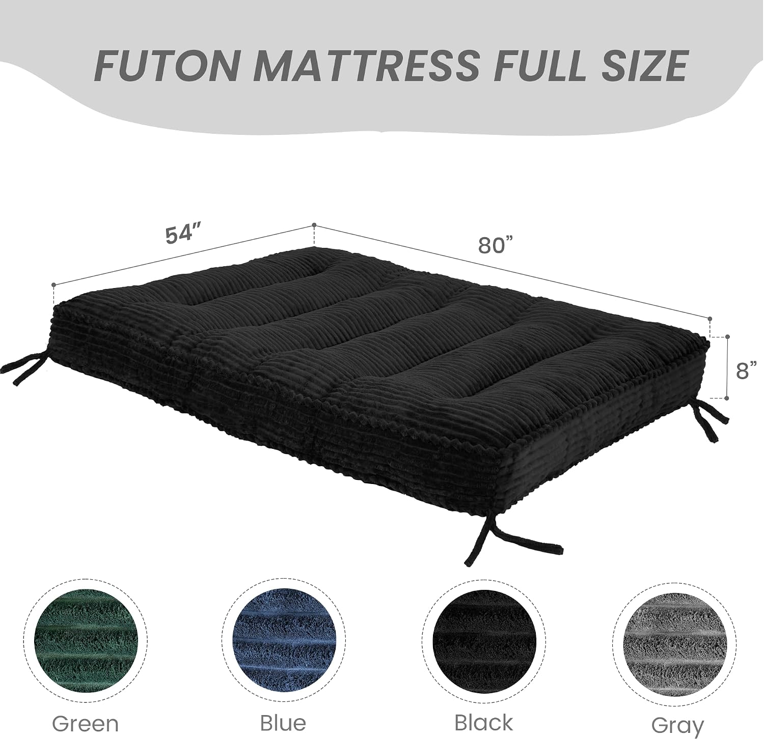 8' Futon Mattress Full Size 54' x 80', Futon Sofa Couch Bed with Twisted Rope Design Edging, Extra Thick Corded Floor Futon Mattress Sleeping Mat for Adults, Camping, Dorm, Black(Frame Not Included)