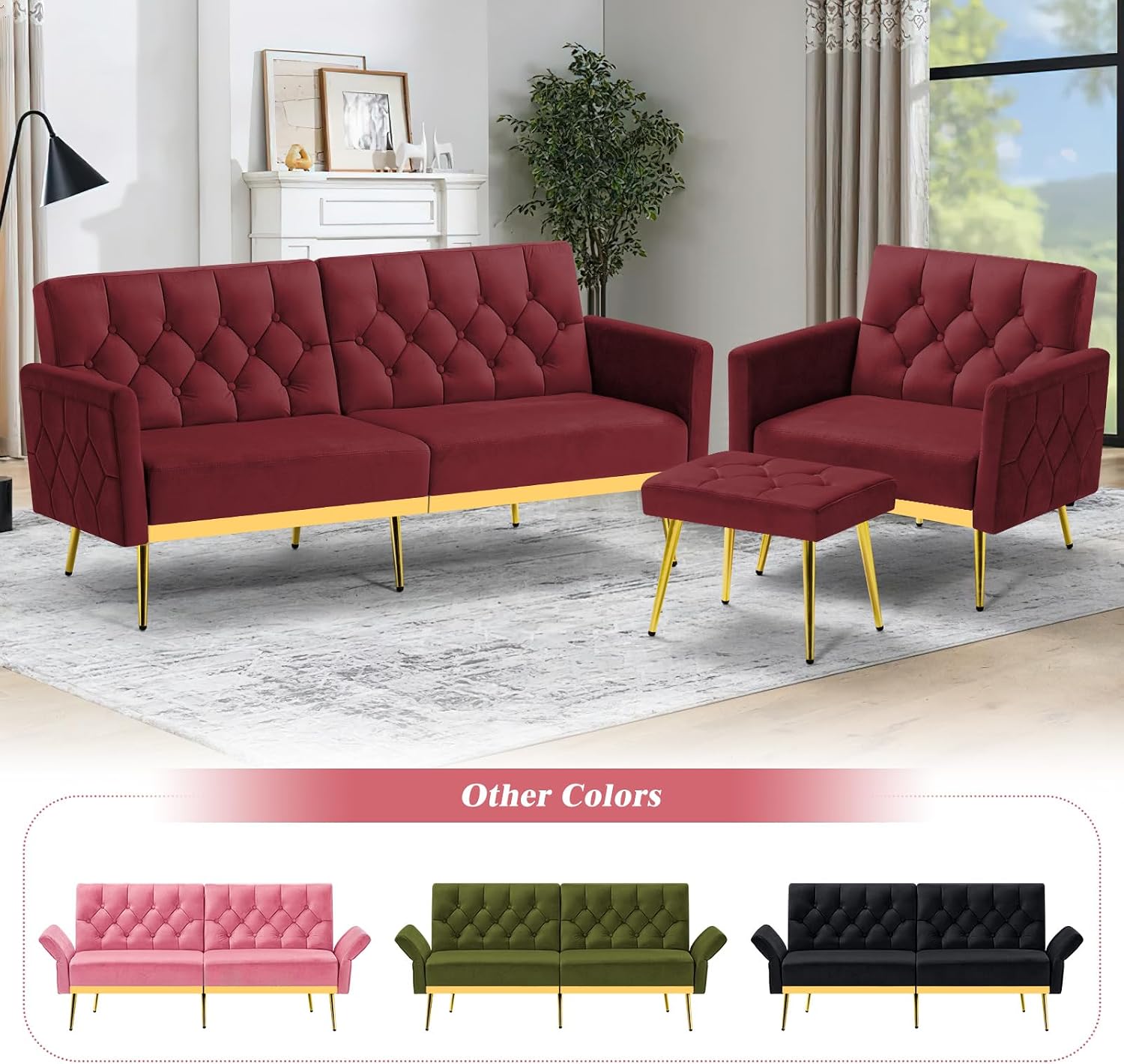 Velvet Sofa Bed w/Adjustable Armrests & Backrests, Modern Convertible Sleeper Sofa, Tufted Futon Sofa for Bedroom, Living Room, Apartment, Red