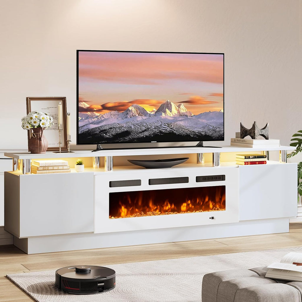 70' TV Stand for Living Room, Entertainment Center & Media Console with Storage, Fits TVs up to 80', Modern TV Cabinet with Shelves, 36' Electric Fireplace (All White)