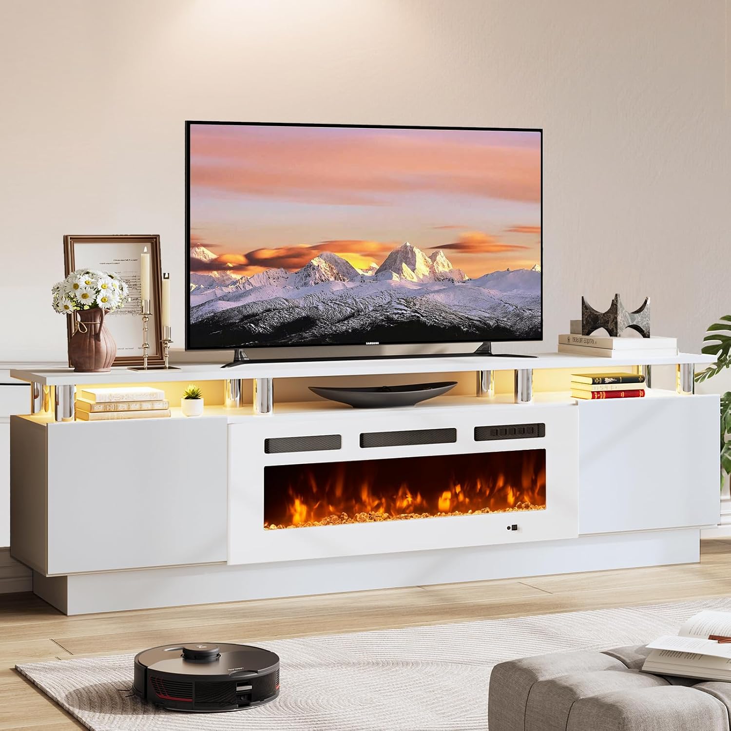 70' TV Stand for Living Room, Entertainment Center & Media Console with Storage, Fits TVs up to 80', Modern TV Cabinet with Shelves, 36' Electric Fireplace (All White)