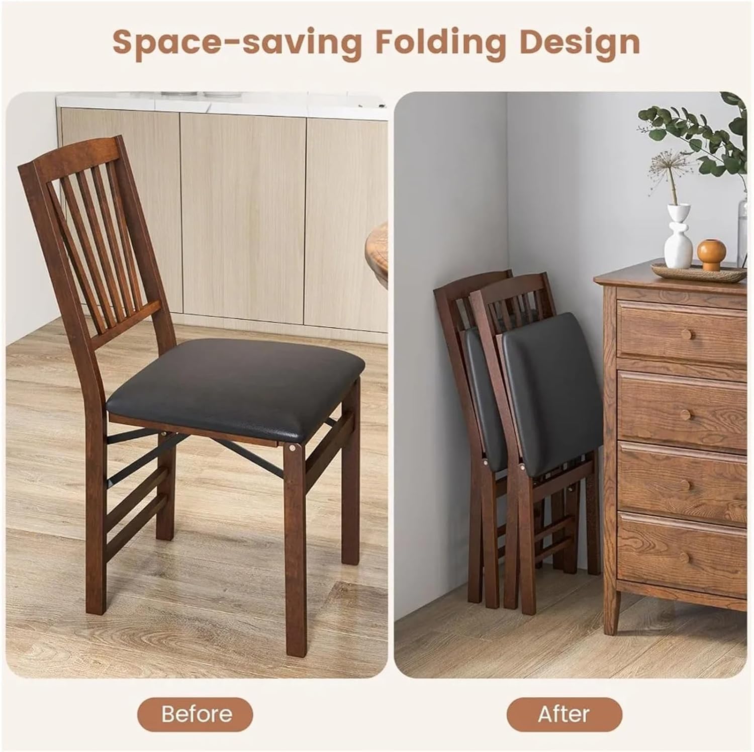 Dining Chairs Outdoor 1pcs Foldable Kitchen Dining Chairs with Padded Seat Solid Wood Frame Max Load 400Lbs