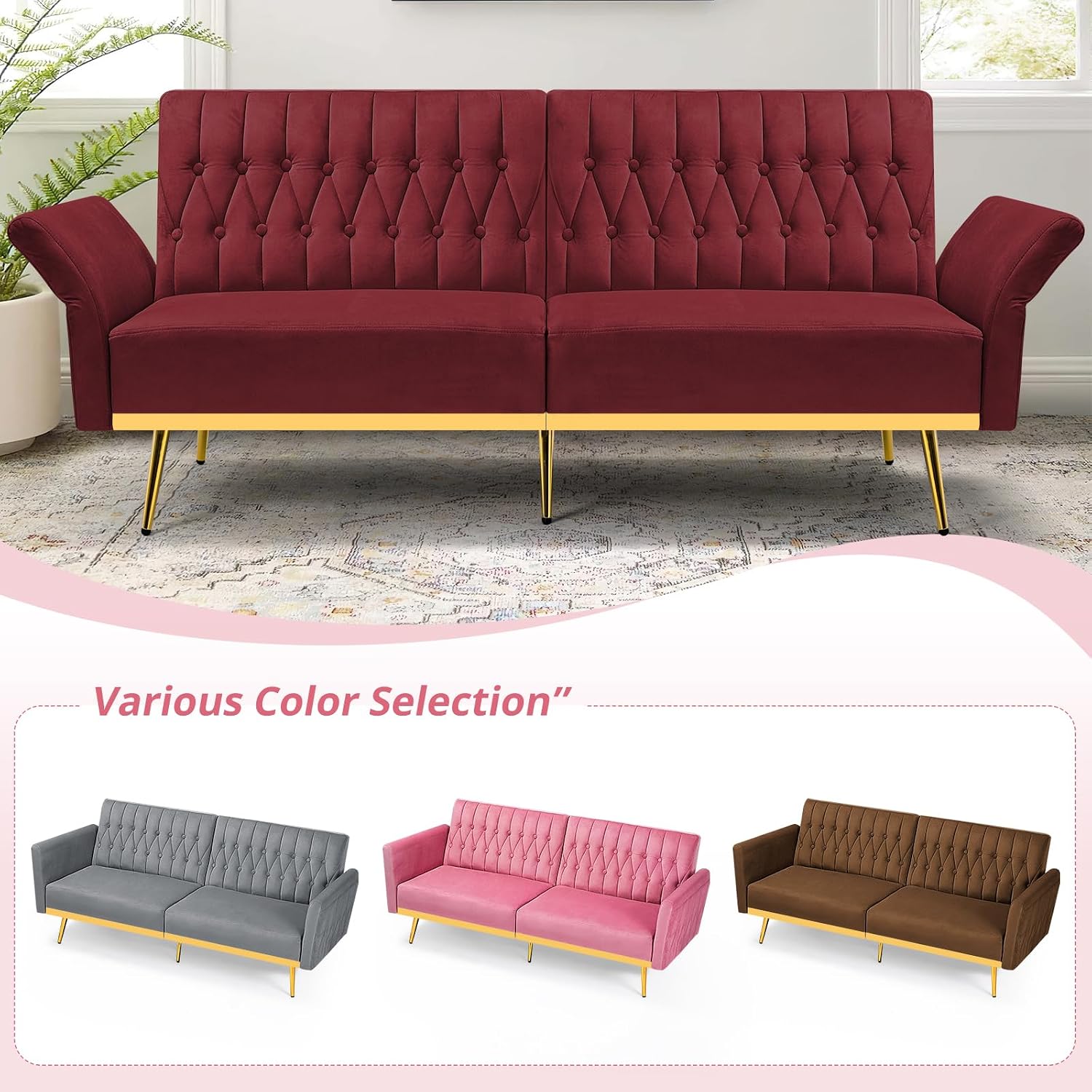 2 Pieces Velvet Sofa Set with Adjustable Armrest and Backrest, 70' Convertible Futon Sofa Bed & Mordern Accent Chair with Ottoman for Living Room, Bedroom, Red