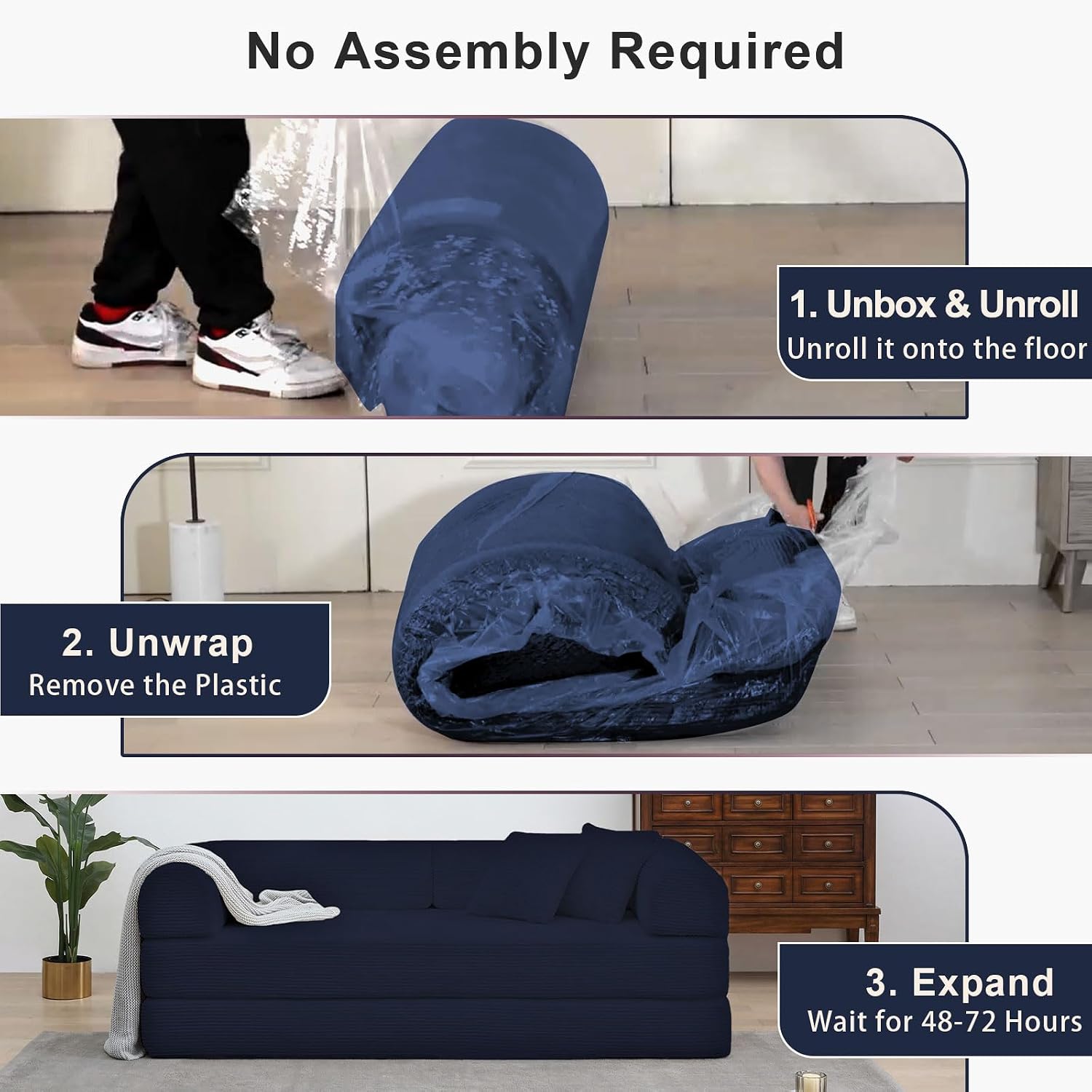 JJJ 78 inch Sofa Bed 4-in-1 Boneless Convertible Corduroy Sleeper Folding Couch with Fixed-Shape Frame and 2 Futons No Assemble Required 3 Seater Upholstered for Living Room (Blue, 78 inch)