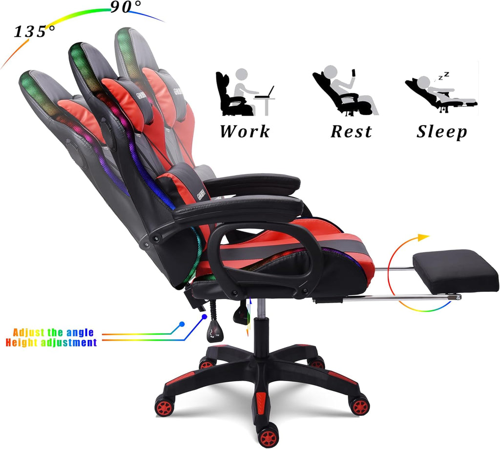 RGB Gaming Chair - Ergonomic Design with Massage, Footrest, and Integrated Speakers - Swivel Reclining PU Leather Gaming Chair with Lumbar Support - High-Back Racing Gaming Chair.,Black