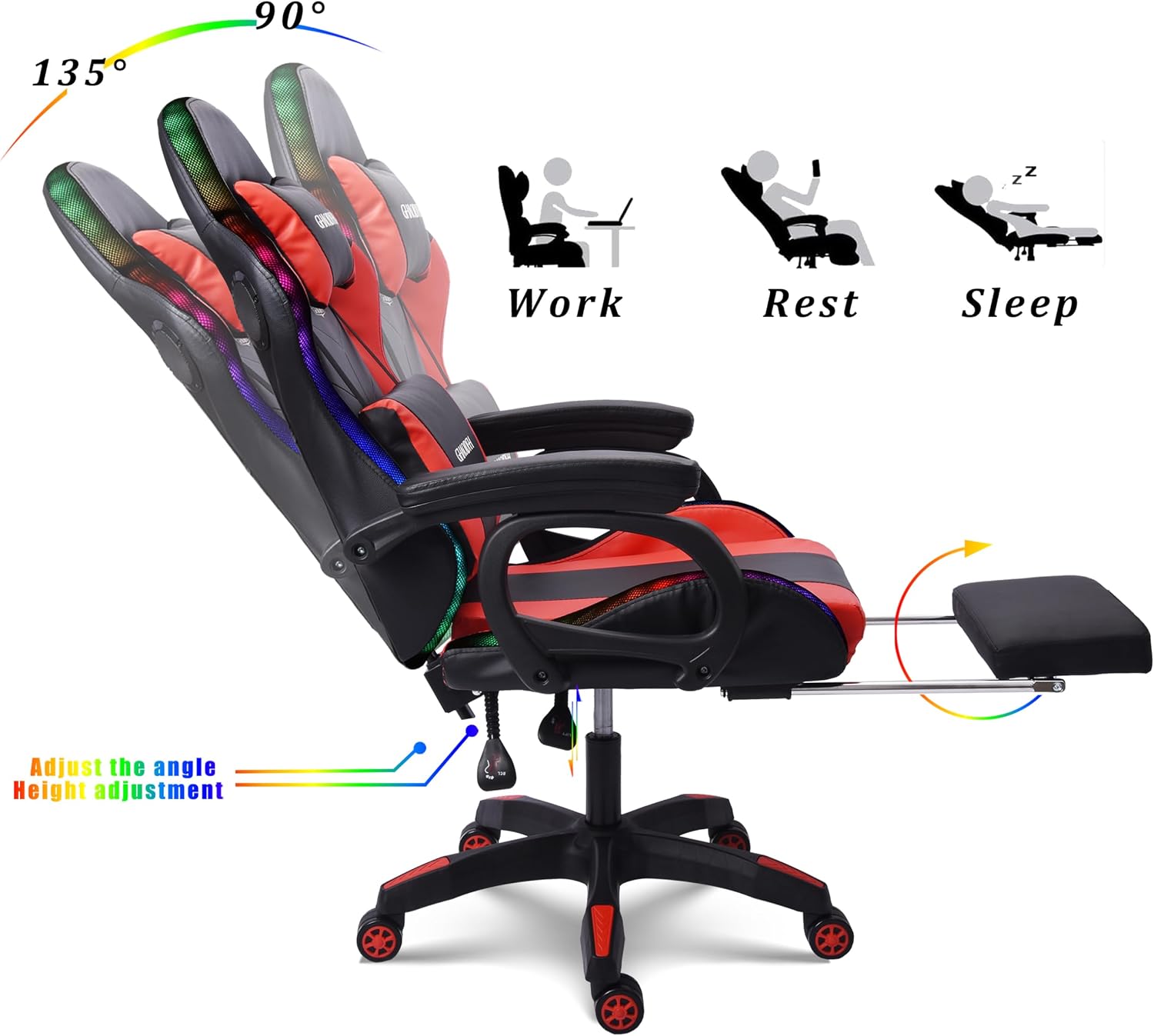 RGB Gaming Chair - Ergonomic Design with Massage, Footrest, and Integrated Speakers - Swivel Reclining PU Leather Gaming Chair with Lumbar Support - High-Back Racing Gaming Chair.,Black