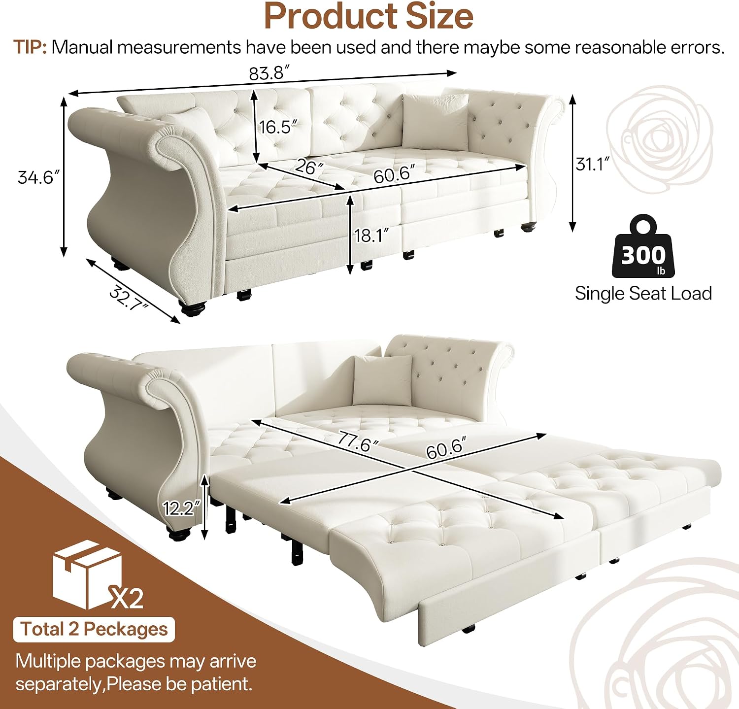 83.8'' Sleeper Sofa Bed Queen Size, Velvet Chesterfield Pull Out Couch, Flower Tufting Convertible Sofa, Comfy Loveseat, Modern Futon Couches, 2 Pillows for Living Room, Apartment, Beige