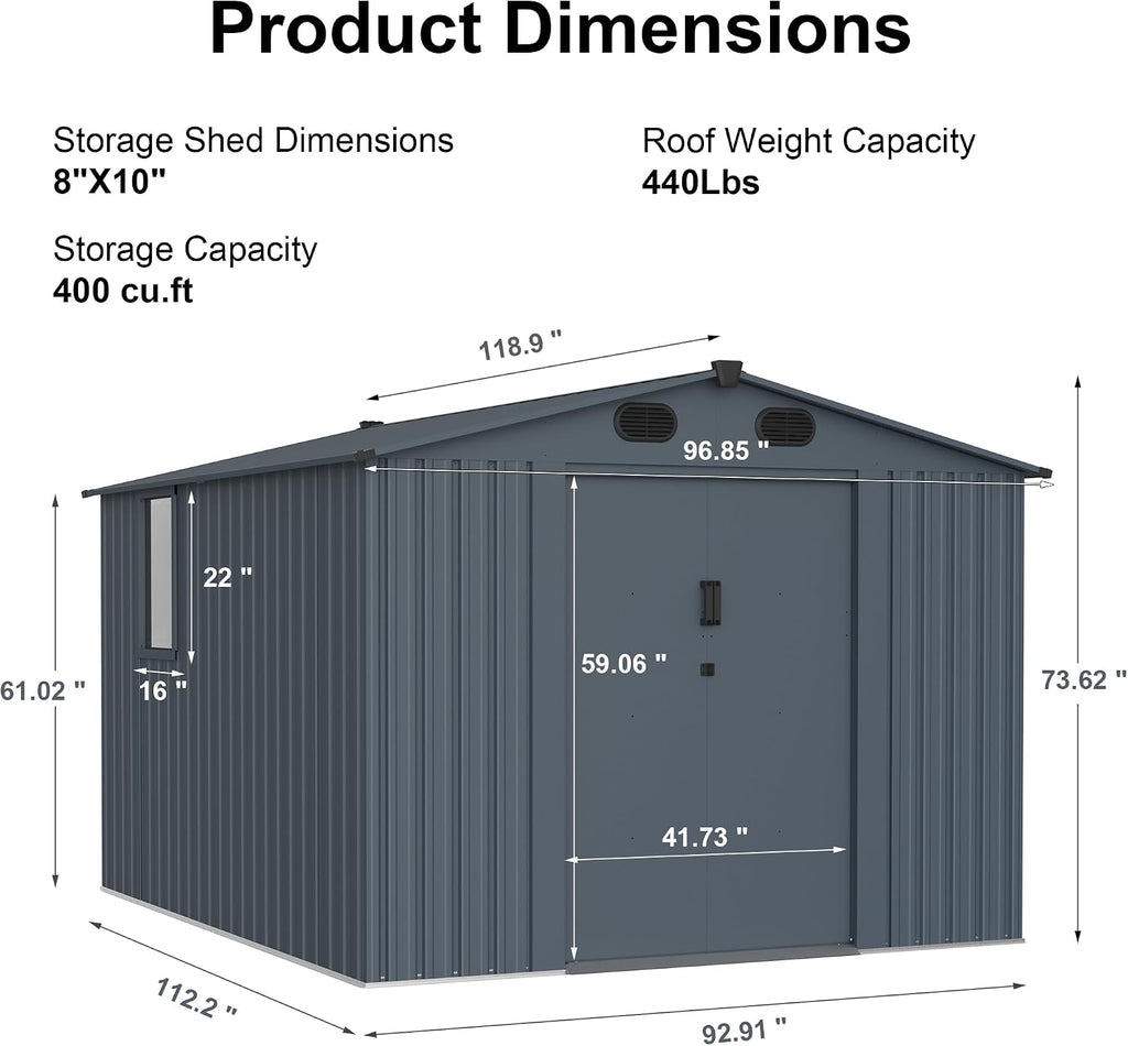 10x8FT Metal Outdoor Storage Shed, Garden Tool Shed Without Floor, Garage Shed with Window and Lockable Doors, for Garden Bike Lawnmower