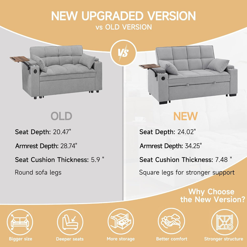 hansones 66' Multi-Functional Pull-Out Sofa Bed with Hidden Side Table, Storage Armrests, Built-in Charging Port, Spring Mattress, Solid Wood Frame – Ideal for Small Spaces, Easy Assembly