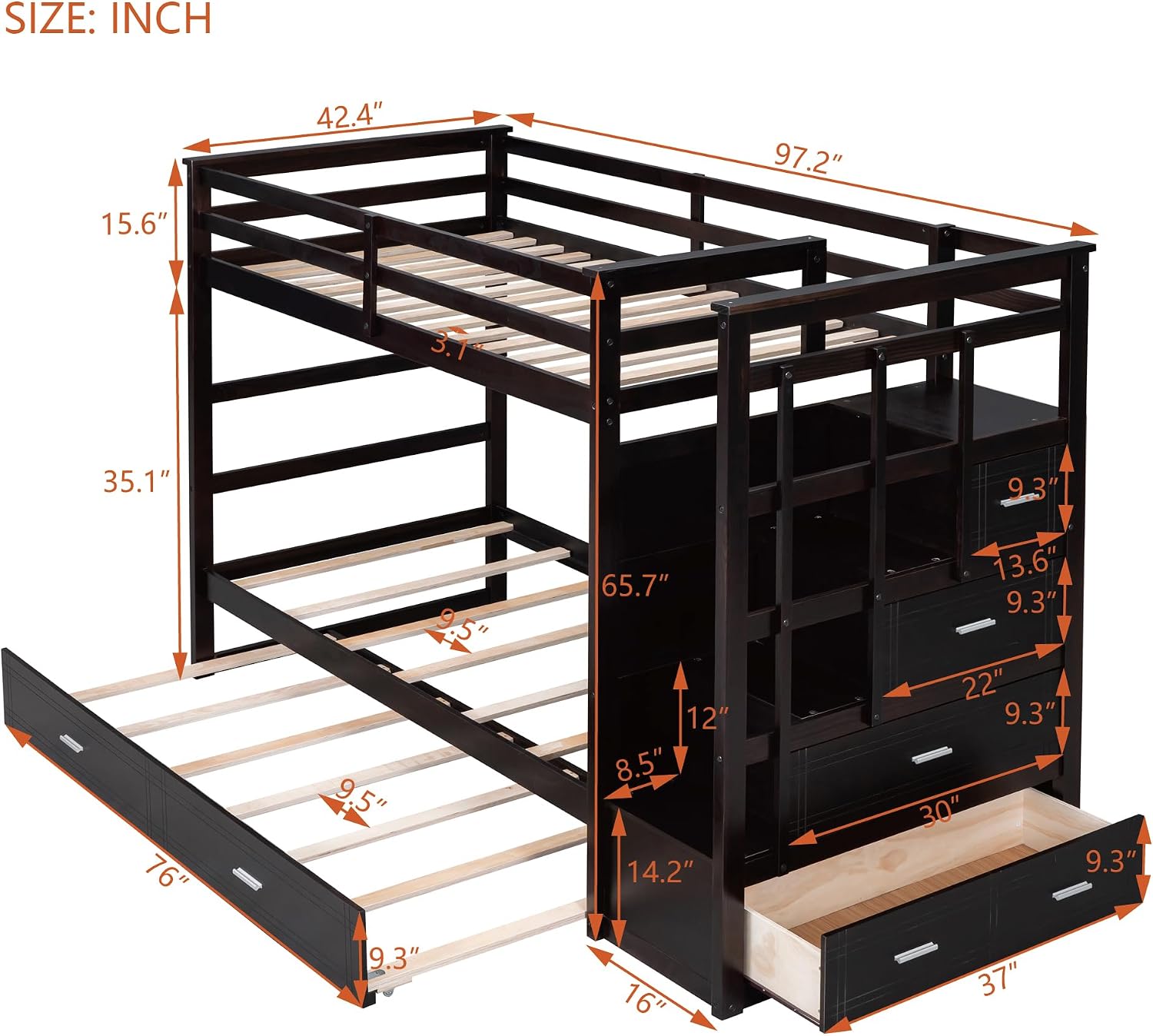 Harper & Bright Designs Twin Over Twin Bunk Bed with Staircase and Trundle, Solid Wood Bunk Beds with 4 Storage Drawers and Safety Guard Rail, Kids Bunk Bed Frame, No Box Spring Needed (Espresso)