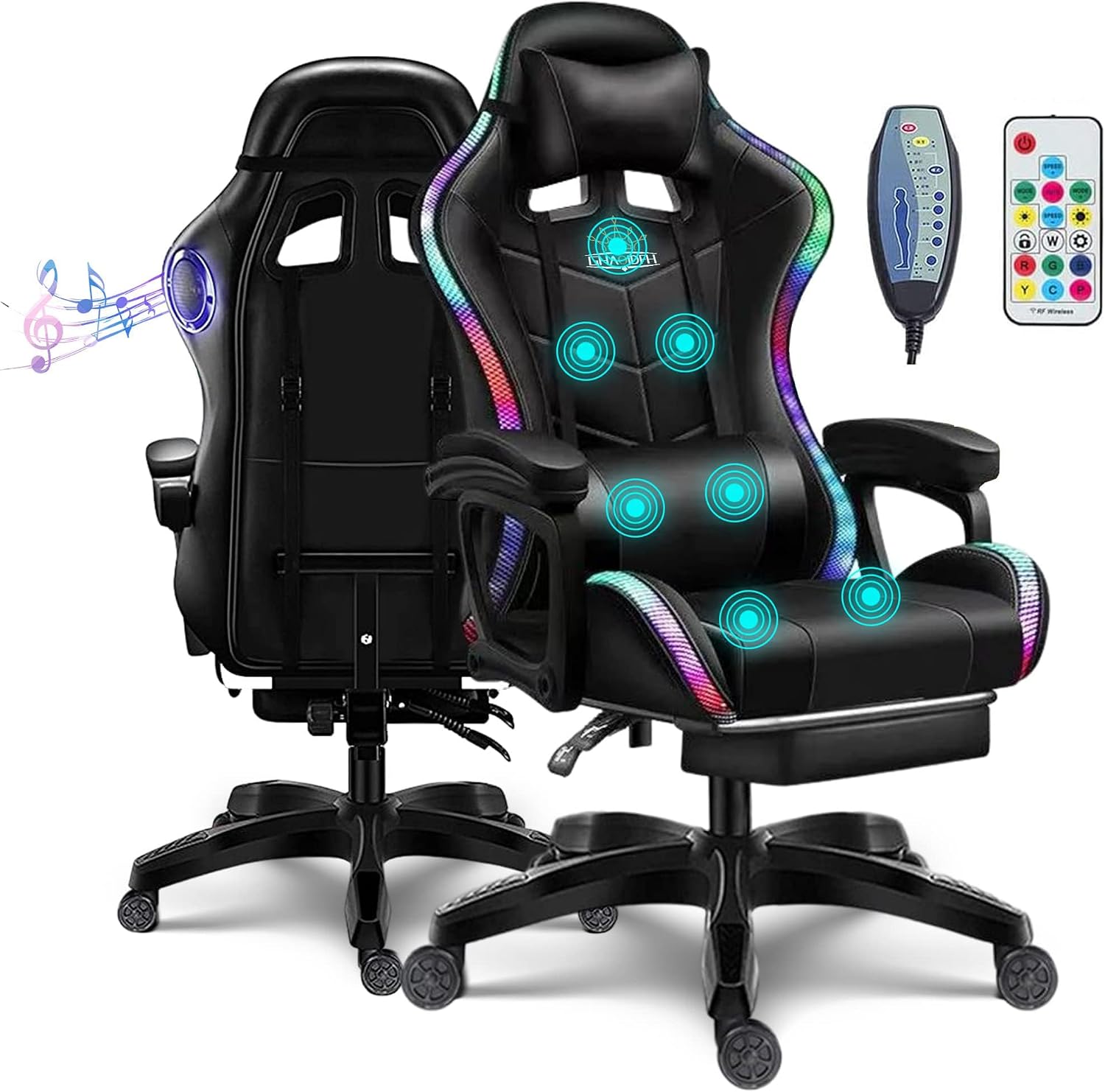 Gaming Chair with LED Light Ergonomic Video Game Chairs with Bluetooth Speakers Adjustable Armrest Height PU Leather Racing Chair Computer Office Swivel Chair for Adult Teens,Black