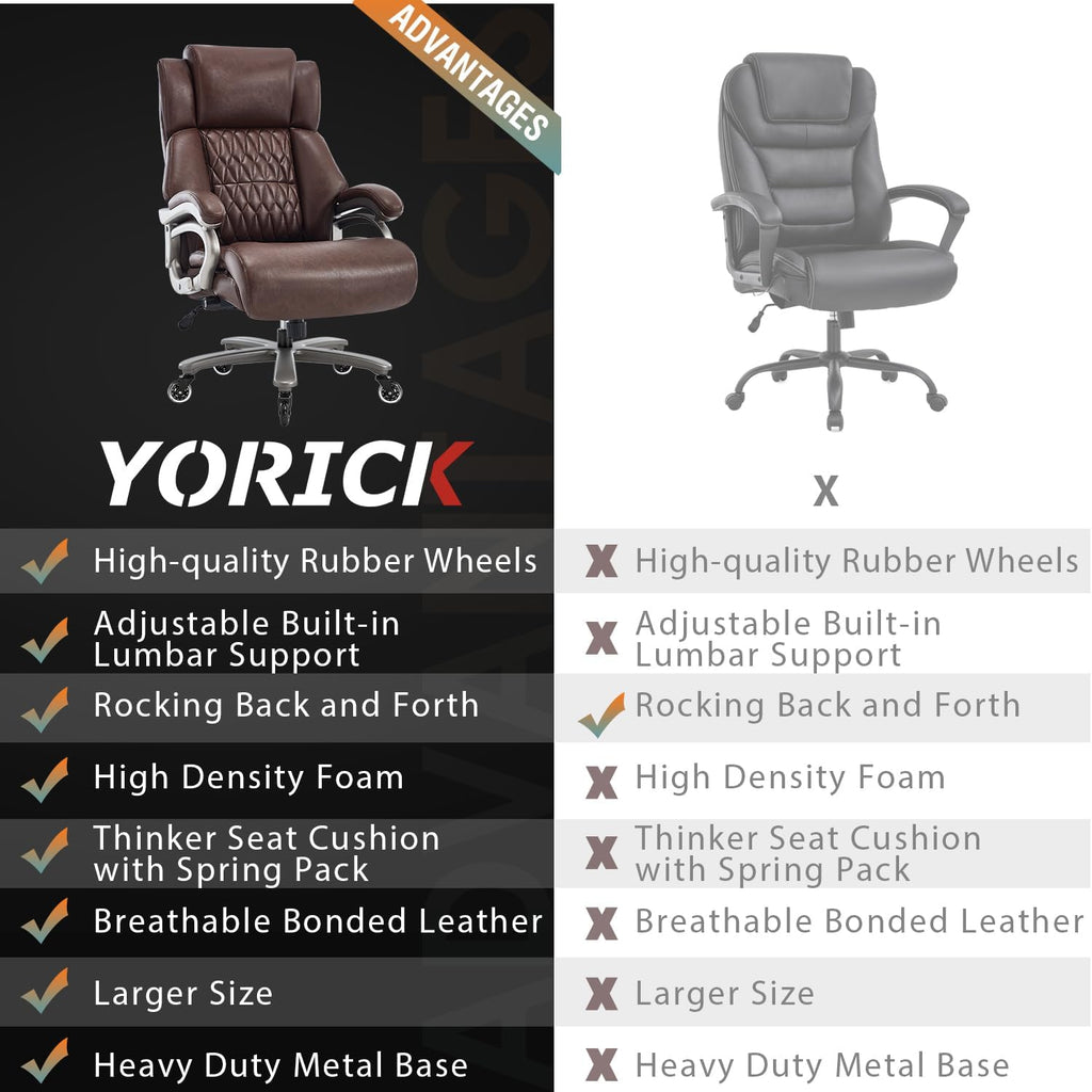 Big and Tall 400lbs Office Chair - Adjustable Lumbar Support Quiet Rubber Wheels Heavy Duty Metal Base, High Back Large Executive Computer Desk, Thick Padded Ergonomic Design for Back Pain