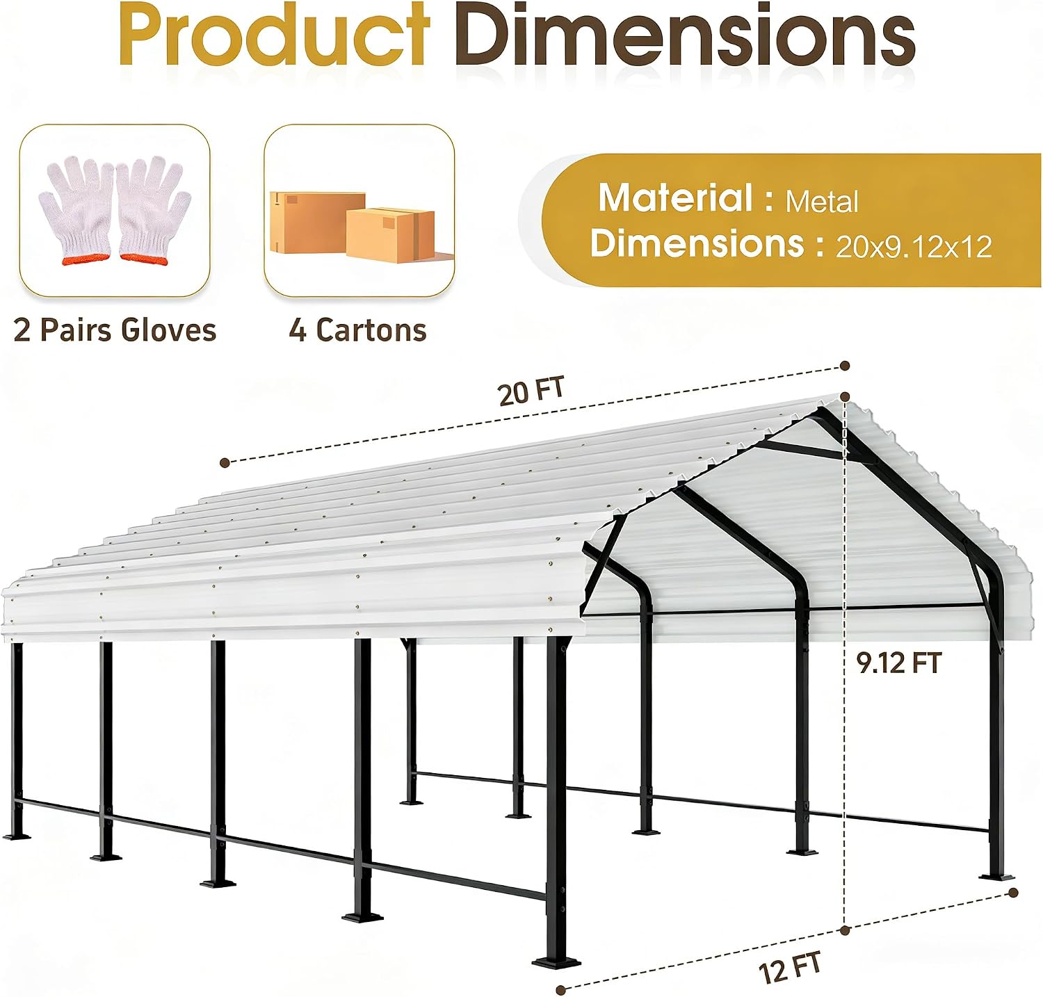 JAMFLY Carport, 12X20 ft Metal Carport, Heavy Duty Canopy with Galvanized Steel Roof and Frame, Metal Car Garage Upgraded Extra Large Garage for Pickup, Boat, Car and Tractors, White