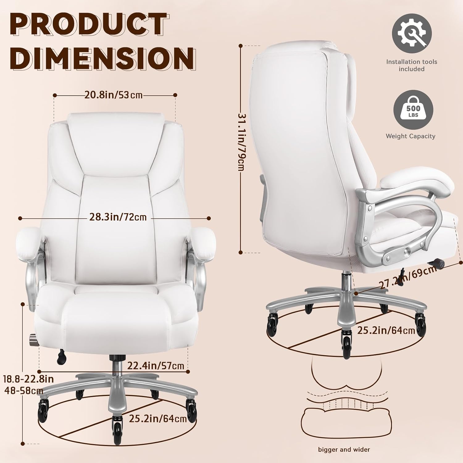 OFIKA Big and Tall Office-Chair 500lbs - Adjustable Lumbar Support, Office Chair for Heavy People, Heavy Duty High Back Executive with Wide Seat and Quiet Rubber Wheels