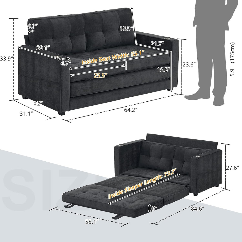 VINGLI Upgraded 64' W 84' L Full Size Futon Sofa Bed, 6' Thick Upholstery Chenille Loveseat Sofa Sleeper Pull Out Couch,Convertible Floor Couch for Living Room, Bedroom, Entertainment Room, Dark Grey