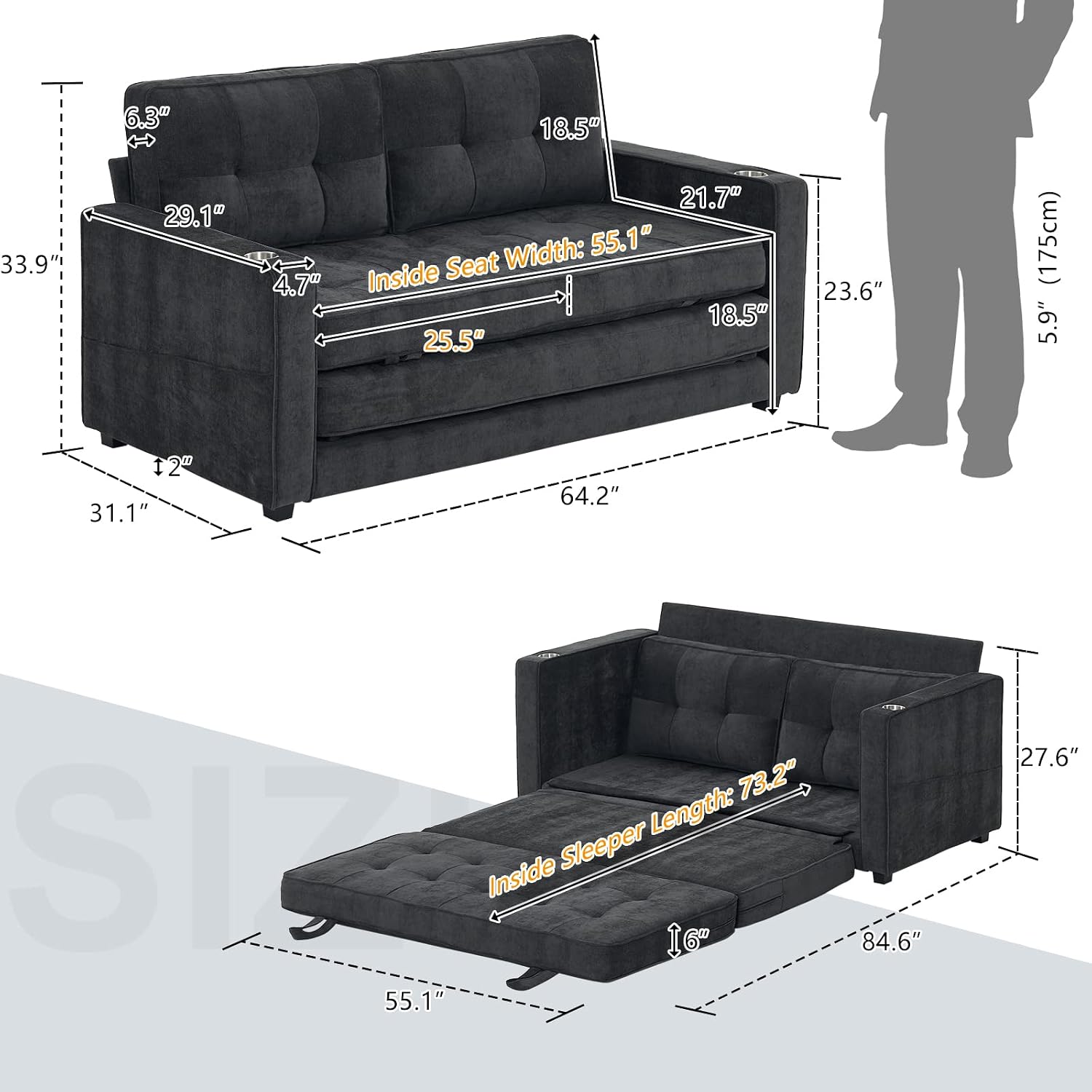 VINGLI Upgraded 64' W 84' L Full Size Futon Sofa Bed, 6' Thick Upholstery Chenille Loveseat Sofa Sleeper Pull Out Couch,Convertible Floor Couch for Living Room, Bedroom, Entertainment Room, Dark Grey