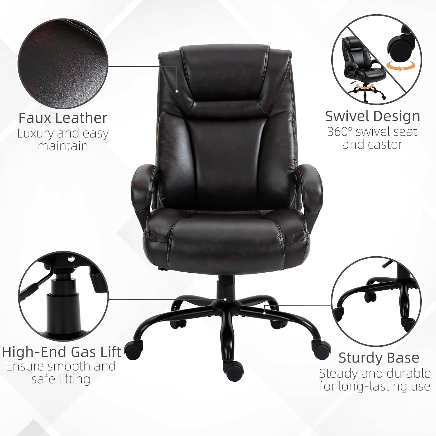 Ergonomic Office Chair,Big and Tall 400 lbs Executive Computer Desk Chairs with Wide Seat High Back PU Leather,Adjustable Height Swivel Wheels for Adults Gaming Home, Bedroom Furniture,Brown