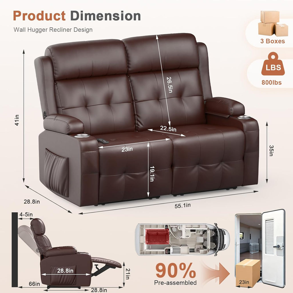 RV Loveseat Recliner Sofa, Wall Hugger Massage Reclining RV Couch with USB, Insert Pockets, Cup Holders, 150° RV Recliners Sleeper Sofa for RV Furniture & Travel Trailers & Home Theater Seating