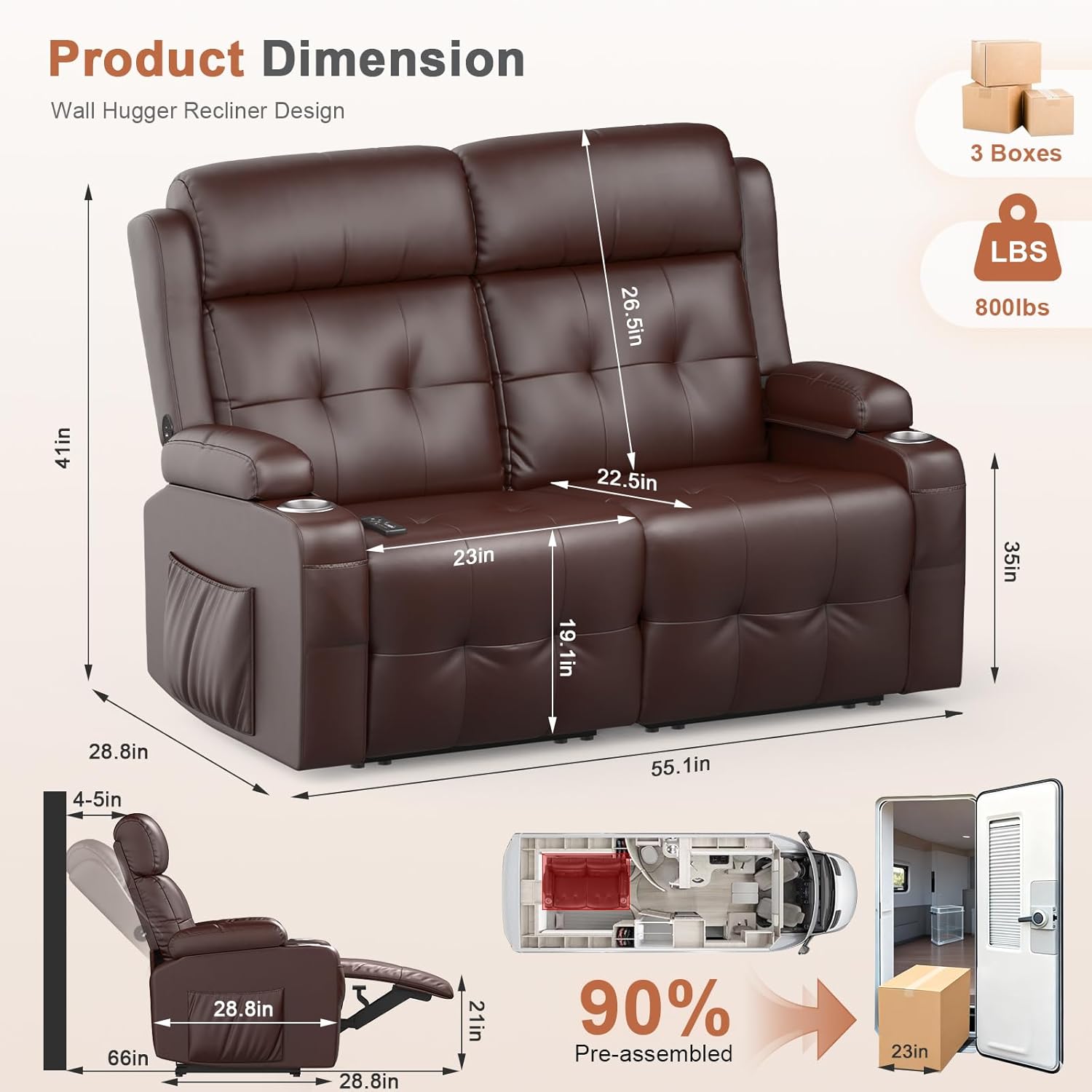 RV Loveseat Recliner Sofa, Wall Hugger Massage Reclining RV Couch with USB, Insert Pockets, Cup Holders, 150° RV Recliners Sleeper Sofa for RV Furniture & Travel Trailers & Home Theater Seating