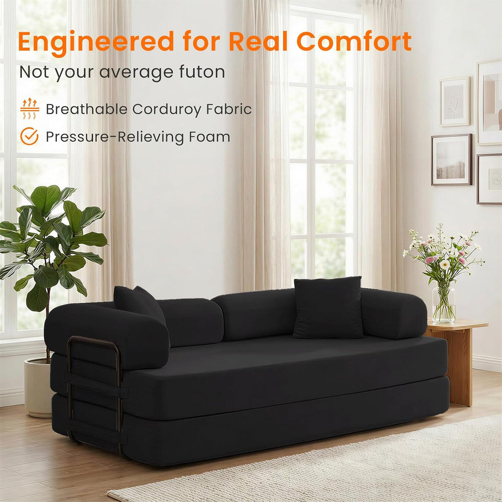 ijuicy 4-in-1 King Convertible Floor Sofa Bed w/ 2 Pillow,Modular Sleeper Sofa/Folding Futon Couch Bed w/Cylindrical Backrest and Fixed Frame,Lounge Couch,Corduroy Compression Sofas for Home-Black