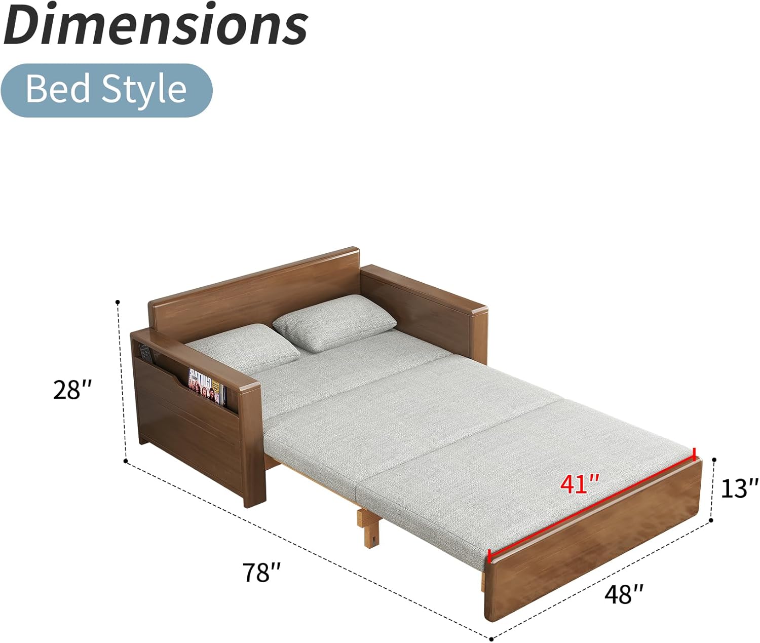 48'full double size grey cushion convertible sofa sleeper with storage,sectional sleeper sofa with reversible chaise,wood sofa bed 3 in 1 pull out couch bed for livingroom,apartment,bedroom,office