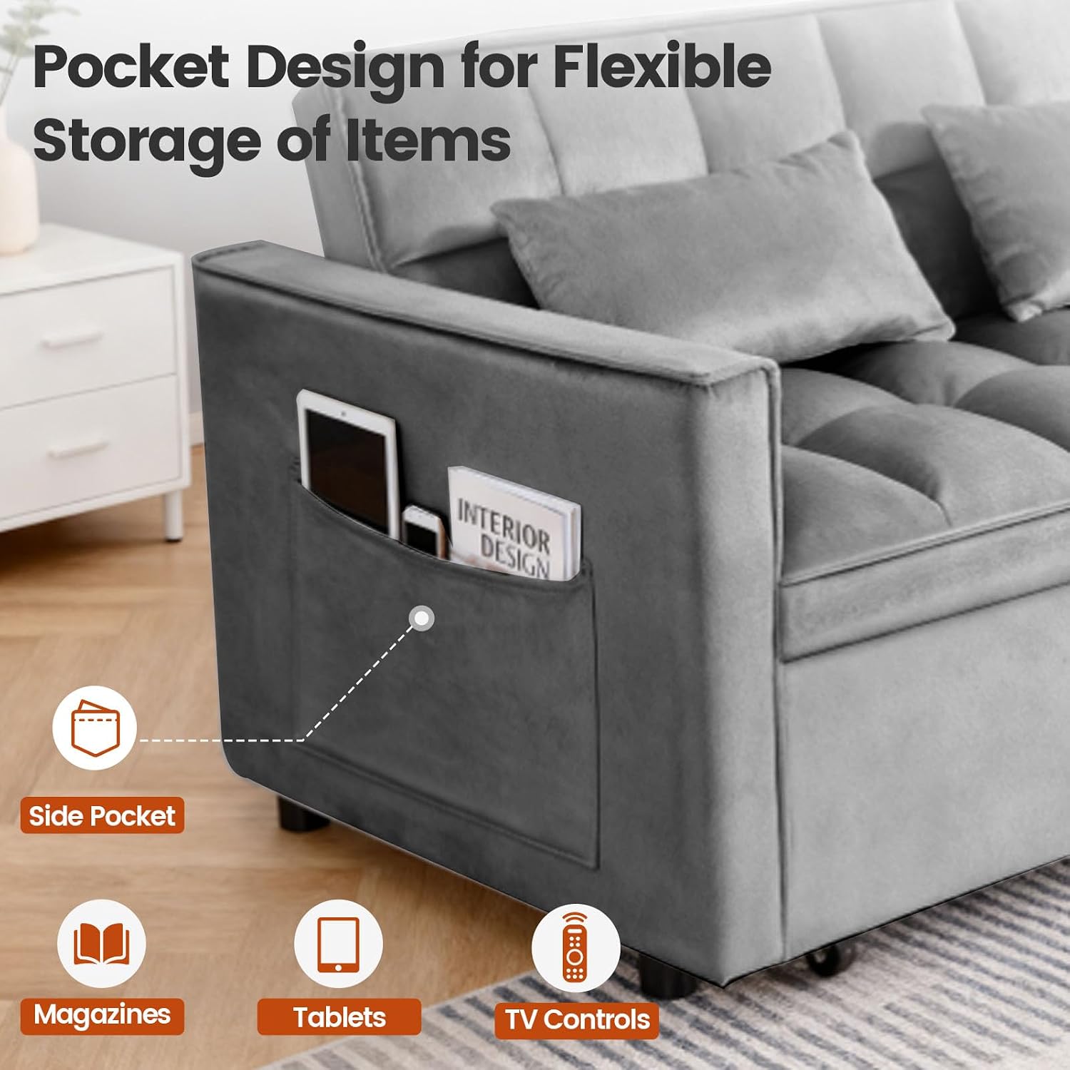 Pull Out Couch, Loveseat Sleeper Sofa Bed with Side Pockets, 3 in 1 Velvet Fabric Convertible Sofa Bed with Adjustable Backrest for Living Room, Bedroom, Apartment, Gray