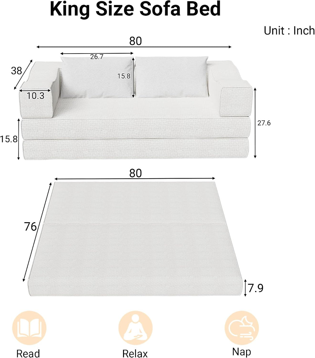 MAKIAAP 80' Foldable Chenille Futon Sofa Bed, 4-in-1 Convertible Couch with 2 Pillows, King-Size Floor Lounger for Living Room, Guest Room, Dorm - No Assembly (Beige, 80in)