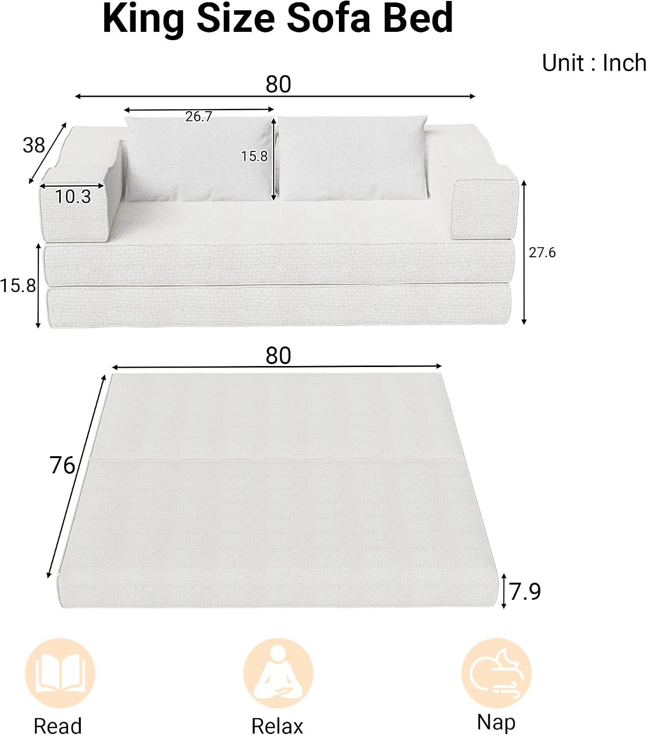 MAKIAAP 80' Foldable Chenille Futon Sofa Bed, 4-in-1 Convertible Couch with 2 Pillows, King-Size Floor Lounger for Living Room, Guest Room, Dorm - No Assembly (Beige, 80in)