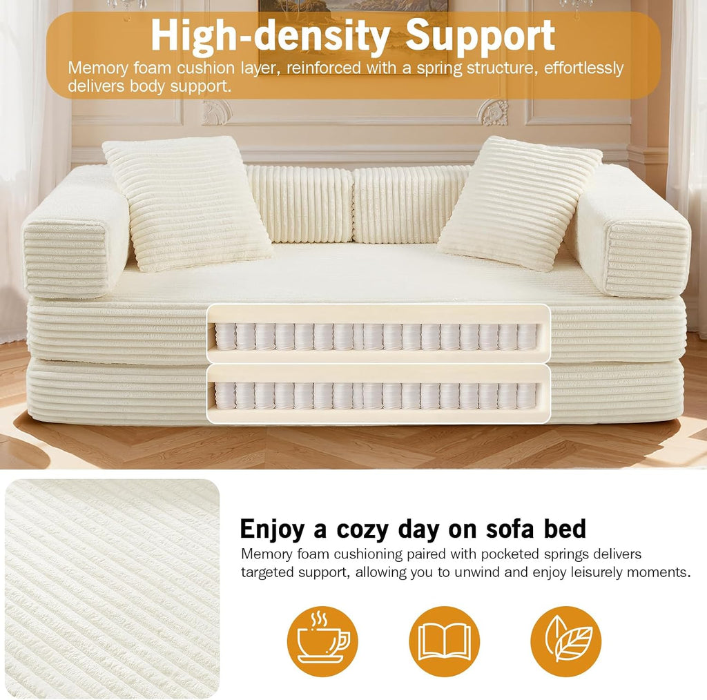 81'' Futon Sofa Bed, Folding Floor Couch Bed, Corduroy Fabric Boneless Couch, Compressed Boneless Sofa in a Box, Comfy Sleeper for Living Room-Beige