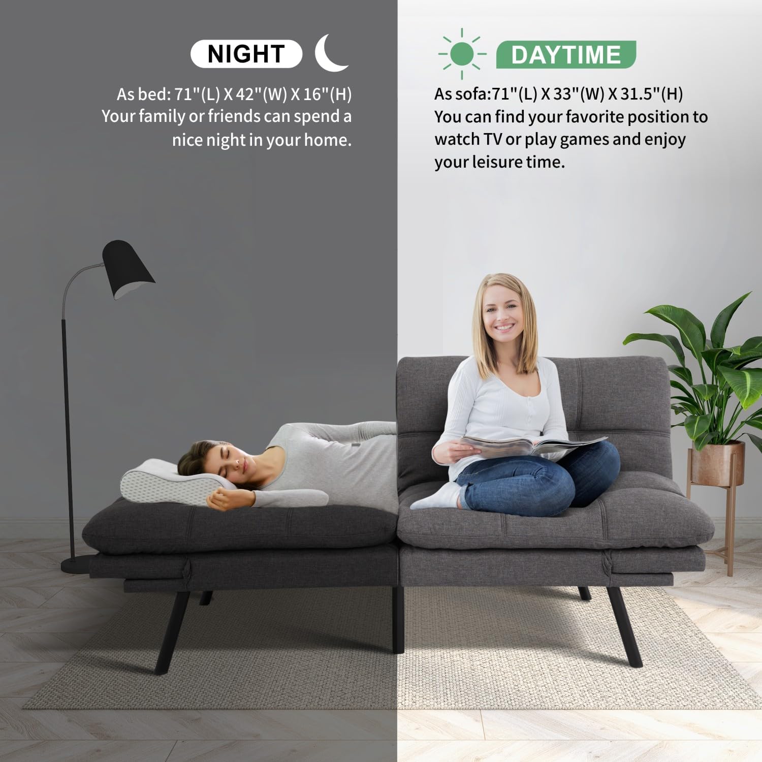 MUUEGM 71' Futon Sofa Bed, Convertible Couch Filled with Memory Foam, Modern Loveseat with Adjustable Backrest&Armrest, Sofas for Living Room,Game Room,Dormitory,Office.Grey Fabric