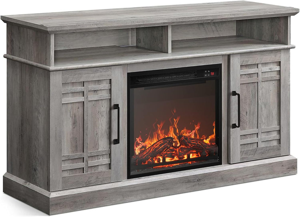 BELLEZE 48' TV Stand with 18' Electric Fireplace Heater, Modern TV Stand for TVs up to 50', Entertainment Media Stand with Open Shelves and Storage Cabinets for Living Room, Bedroom (Grey Wash)