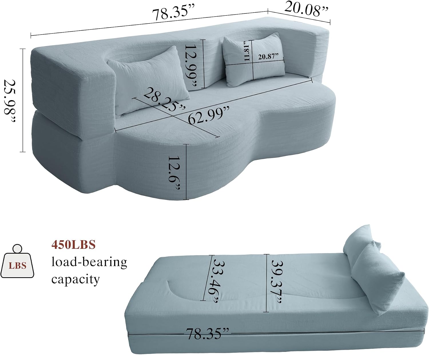 2-in-1 Convertible Sofa,78 Inch Pull Out Sofa Folding Sofa Bed with 2 Pilow Lazy Sofa, Teddy Loveseat Sleeper Floor Sofa for Apartment Children's Room Bedroom Living Room (Teddy, Light Blue)