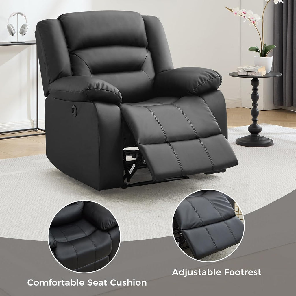 EBELLO Classic Power Recliner Chair, Faux Leather Oversized Electric Overstuffed Chair with Soft Cushion and Back, Sofa with Comfortable Armchair for Living Room, Black