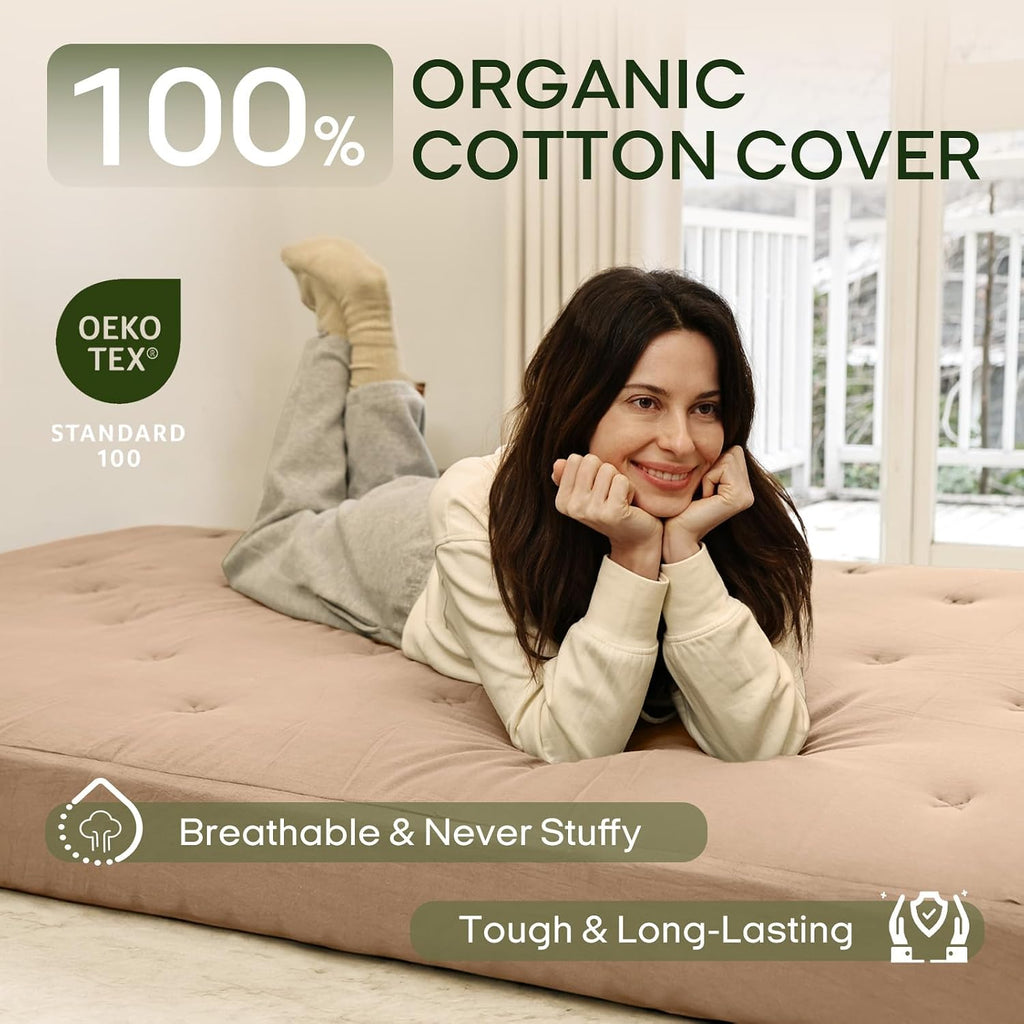 ZonLi Japanese Floor Futon Mattress Full Size 54'x 75',100% Cotton Cover 6'' Thicken Tatami Mattress,Foldable Sleeping Pad,Portable Dormitory Tatami Mat,Roll Up Floor Lounger Bed for Adult (Khaki)