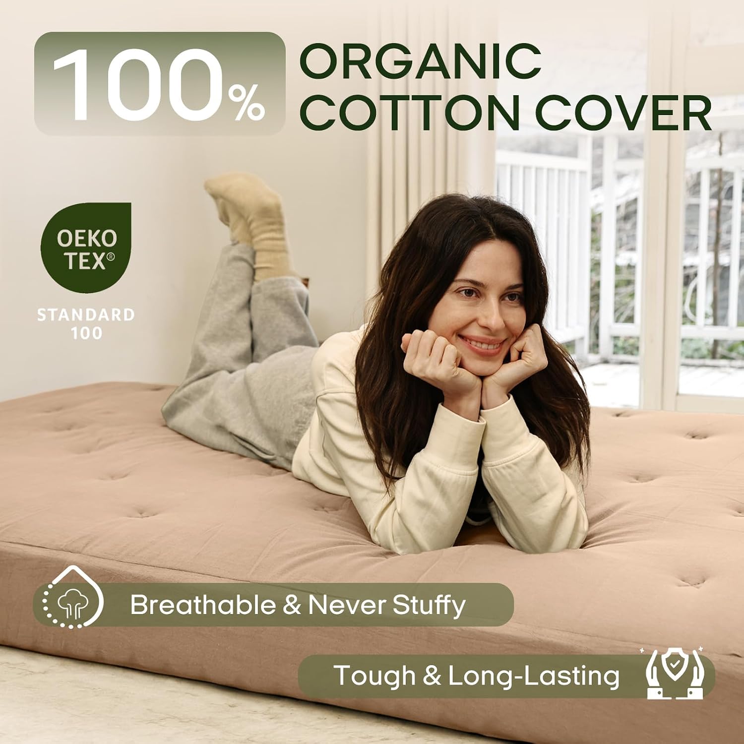 ZonLi Japanese Floor Futon Mattress Full Size 54'x 75',100% Cotton Cover 6'' Thicken Tatami Mattress,Foldable Sleeping Pad,Portable Dormitory Tatami Mat,Roll Up Floor Lounger Bed for Adult (Khaki)