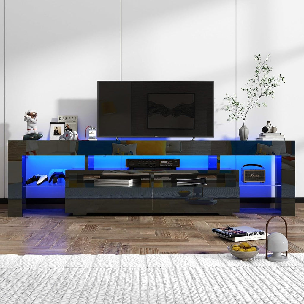 St.Mandyu 70IN LED TV Stand for 65/75/85 inch TV, High Glossy Modern Entertainment Center with Drawer and Led Lights, Television Table Media Console for Living Game Room Bedroom(Black)