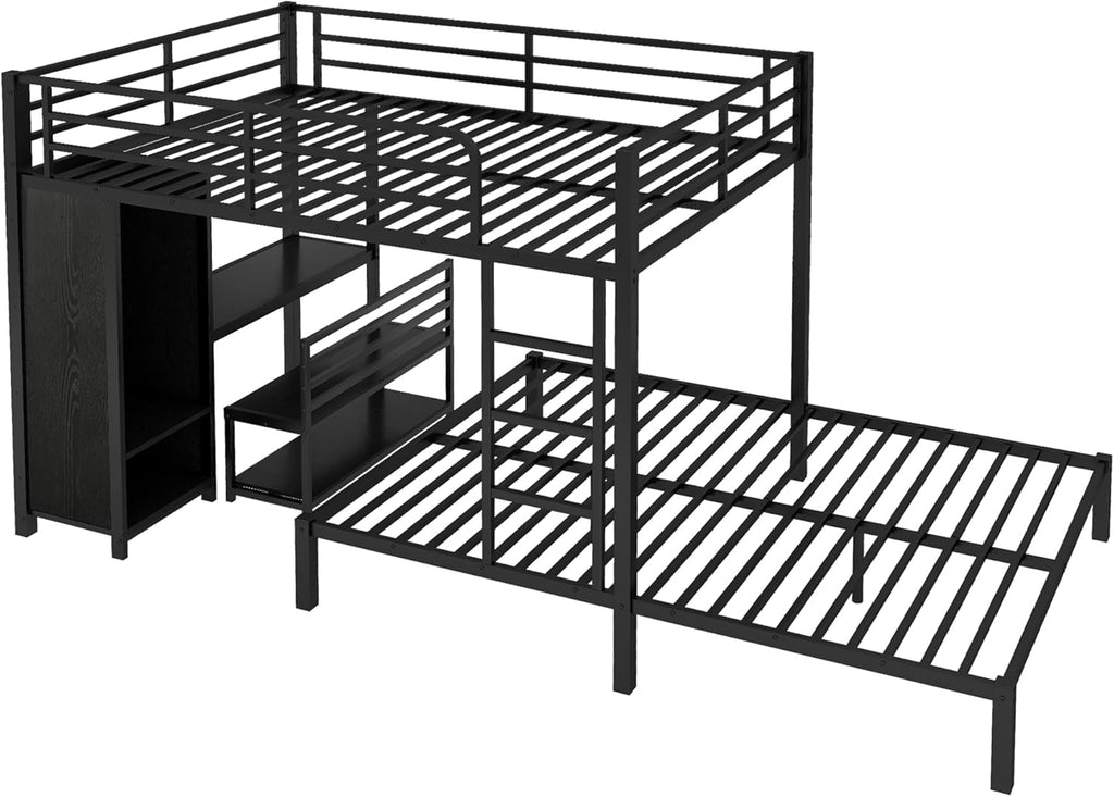 Bellemave Queen bunk Bed, Queen loft Bed with Desk and Shelves and Wardrobe, Black