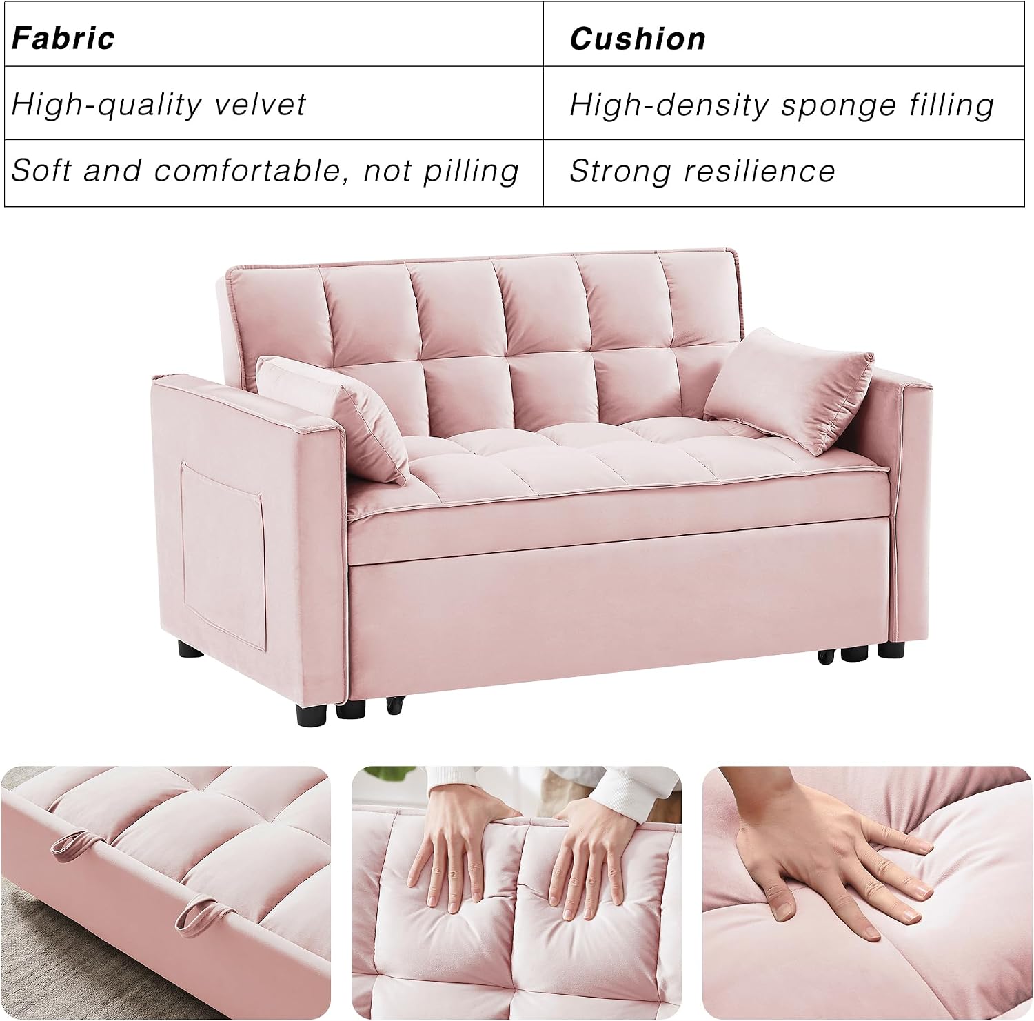 Wakefit 3 in 1 Convertible Sleeper Sofa Bed, Futon Couches for Living Room with Side Pocket | Adjustable Backrest| Velvet Fabric | Pull Out Couch | Recliner Loveseat | Sectional Sofa, Pink