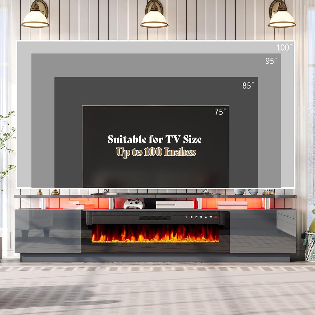 AMERLIFE 90' 2 Tier Fireplace TV Stand with 50' Fireplace, Modern Large Entertainment Center LED Lights, Media Console Table Storage Cabinet for TVs Up to 100', Living Room, Gray