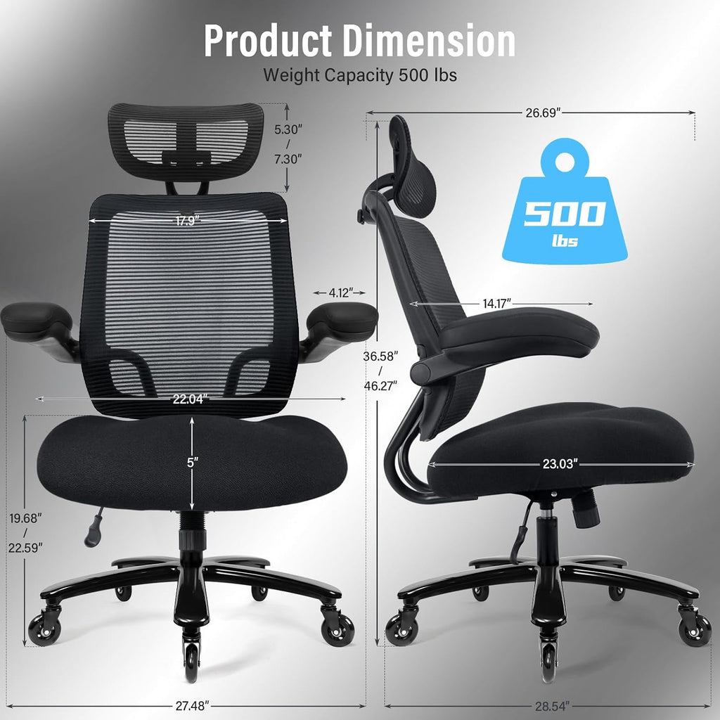 500lbs Big and Tall Office Chair - Heavy Duty Mesh Ergonomic Desk Chair with Headrest, High Back Computer Chair - Flip-up Armrests, Wide Thick Seat Cushion, Quiet Wheels, Black